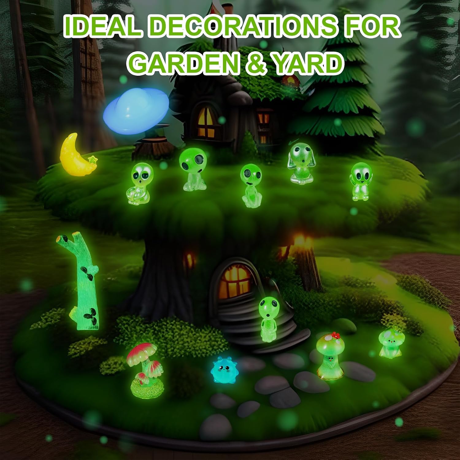 Civaner 13 Pcs Alien Decor Glow in Dark Mini Alien Betta Fish Tank Decoration Fairy Garden Accessories Scary Decor Miniature Accessories Tree Elves for Garden Aquarium Dollhouse Table image 5