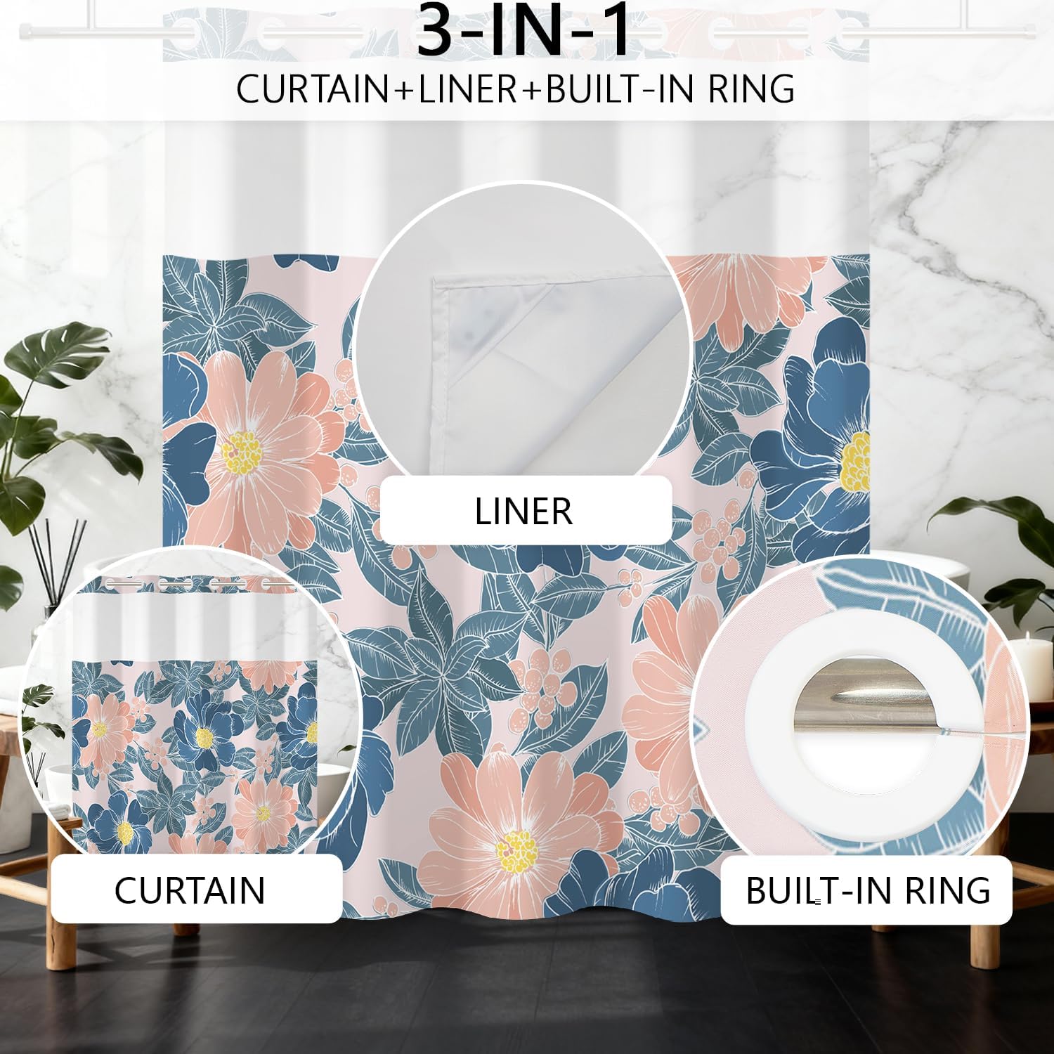No Hook Floral Shower Curtain with Snap in Liner, 71x74 Inch – Pink & Blue Flower Shower Curtains for Bathroom, Romantic Floral Waterproof Cloth Fabric with See Through Mesh Top Window