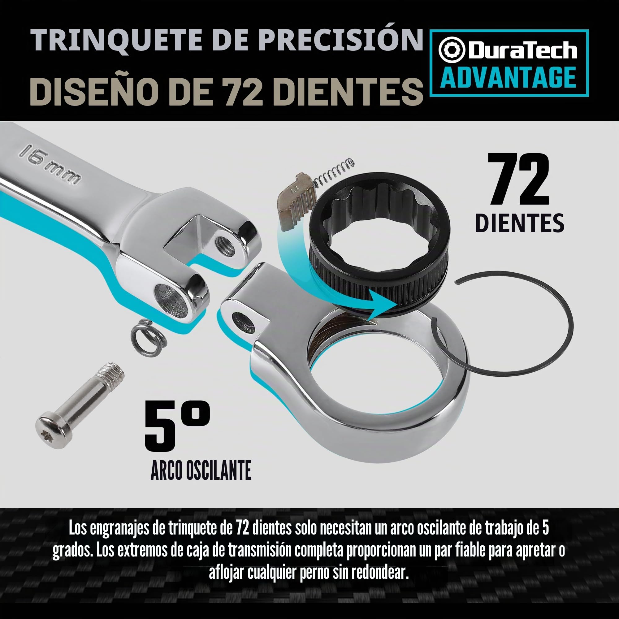 DURATECH Juego de llaves de carraca con cabeza flexible de 12 piezas, 72 dientes, sistema métrico, 8-19 mm, acero al cromo-níquel, organizadas en maletín de almacenamiento