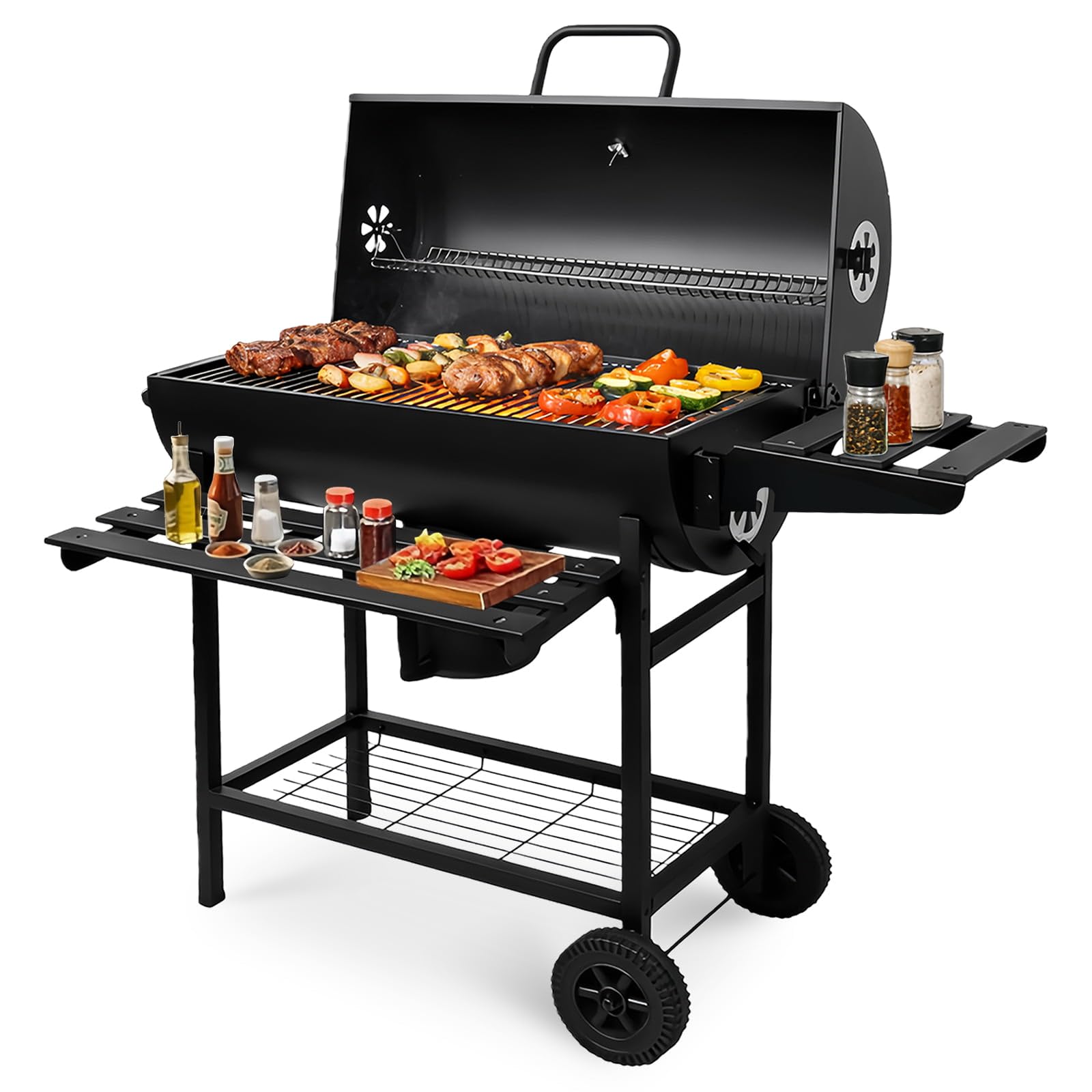 Dyuee Black Large Charcoal Bbq Grill Smoker Barrel Barbecue Heavy-Duty Outdoor Grill
