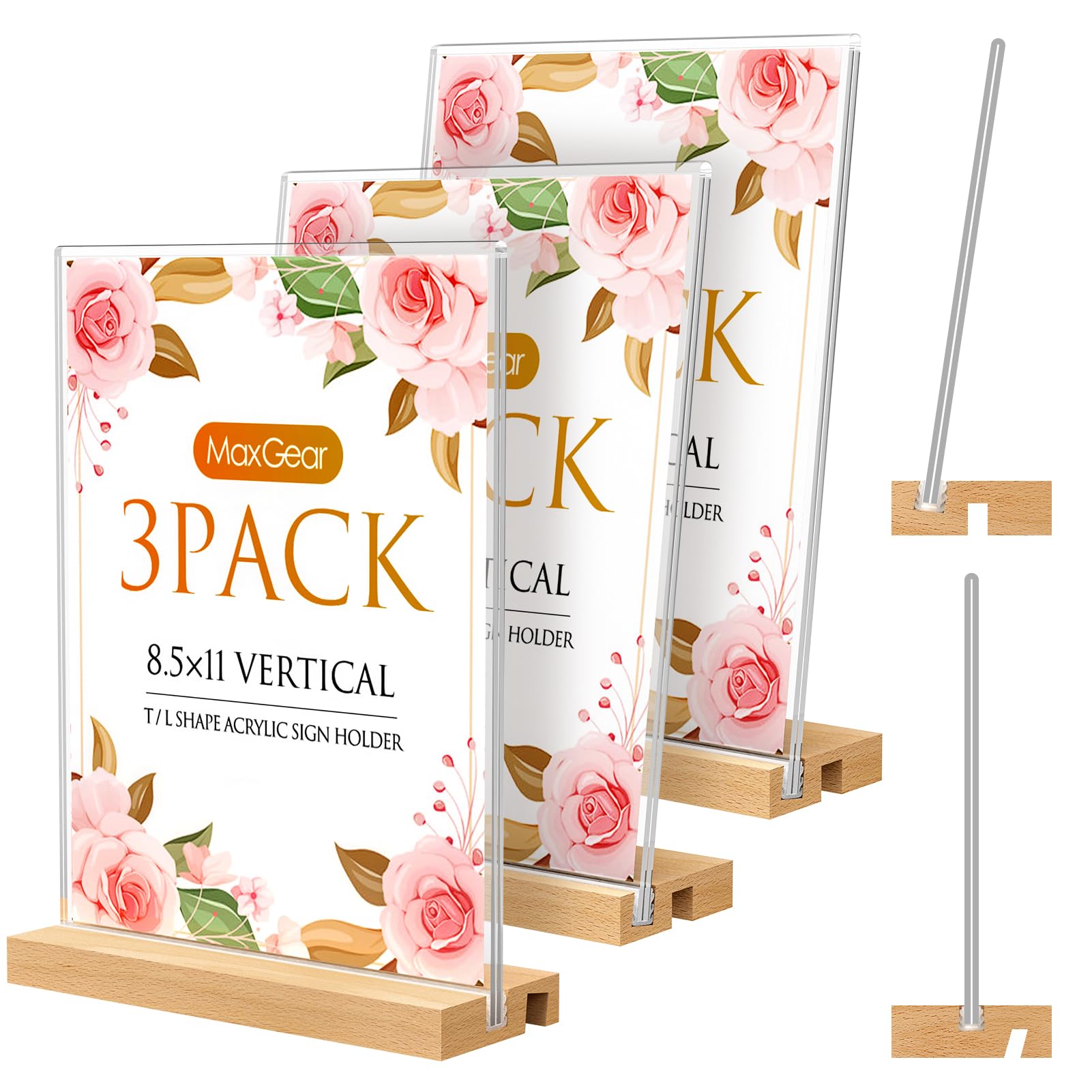 MaxGear L/T Shape Acrylic Sign Holder, 8.5 X 11 Clear Table Display Stand with Wooden Base, Flyer Menu Holder Photo Frames Paper Stand for Office, Wedding, Restaurants, Hotels 3 Pack