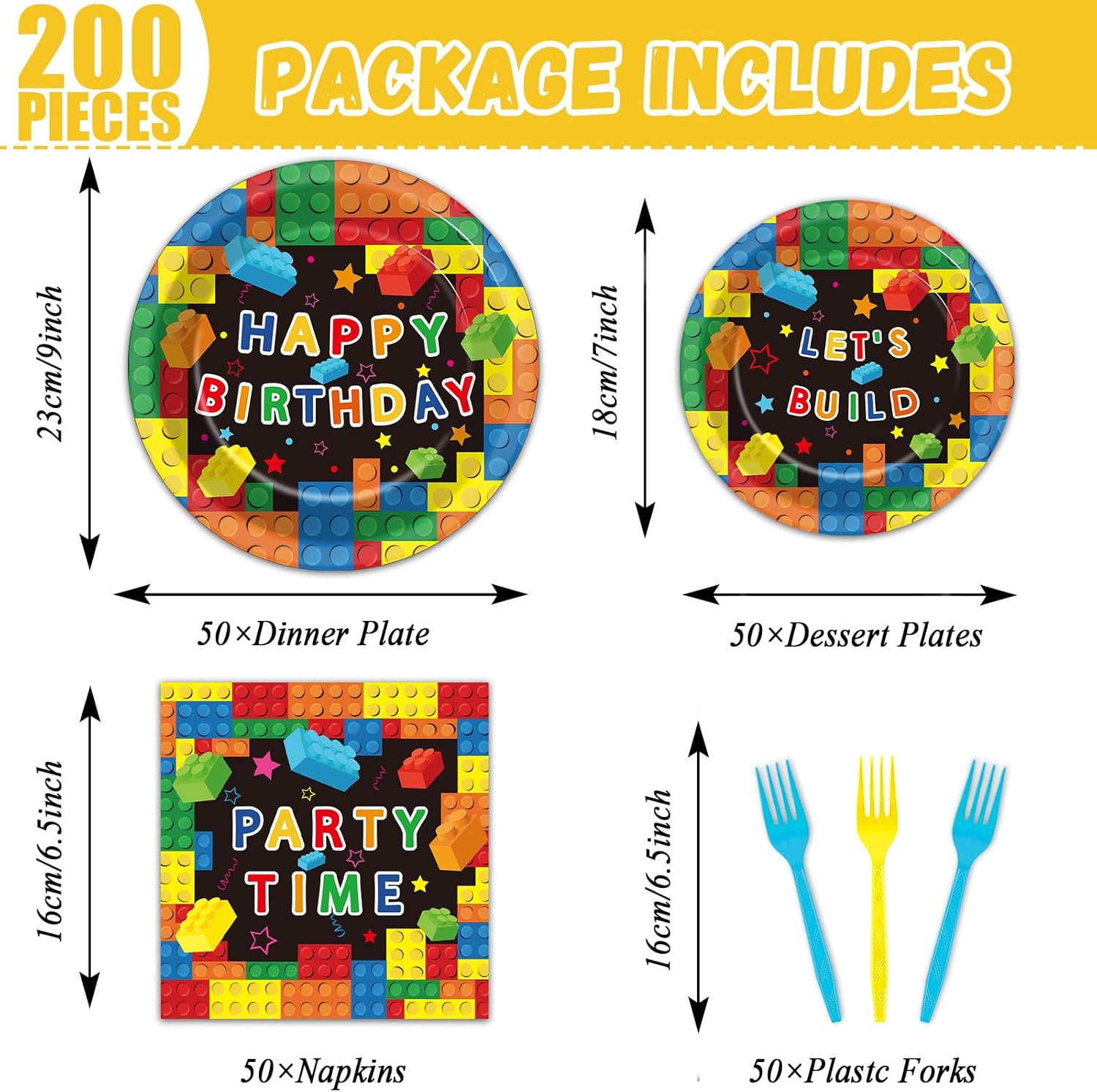 200 Pcs Building Blocks Birthday Party Supplies Paper Plates Napkins Colorful Blocks Party Birthday Decorations Favors for Kids Bricks Serves 50