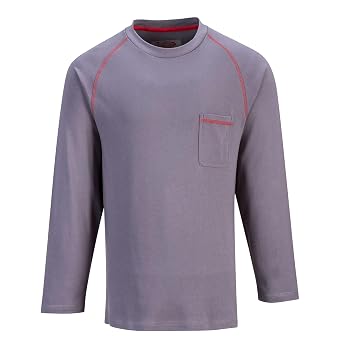Portwest FR01 Mens Flame Resistant Bizflame Long Sleeved Crew Neck T Shirt ASTM, Gray, M | Gray, Medium, ASTM F1959 ATPV 12, UPF 50+, Regular Fit, 100% Cotton, Contrast Color Stitching, Raglan Sleeves, Welding