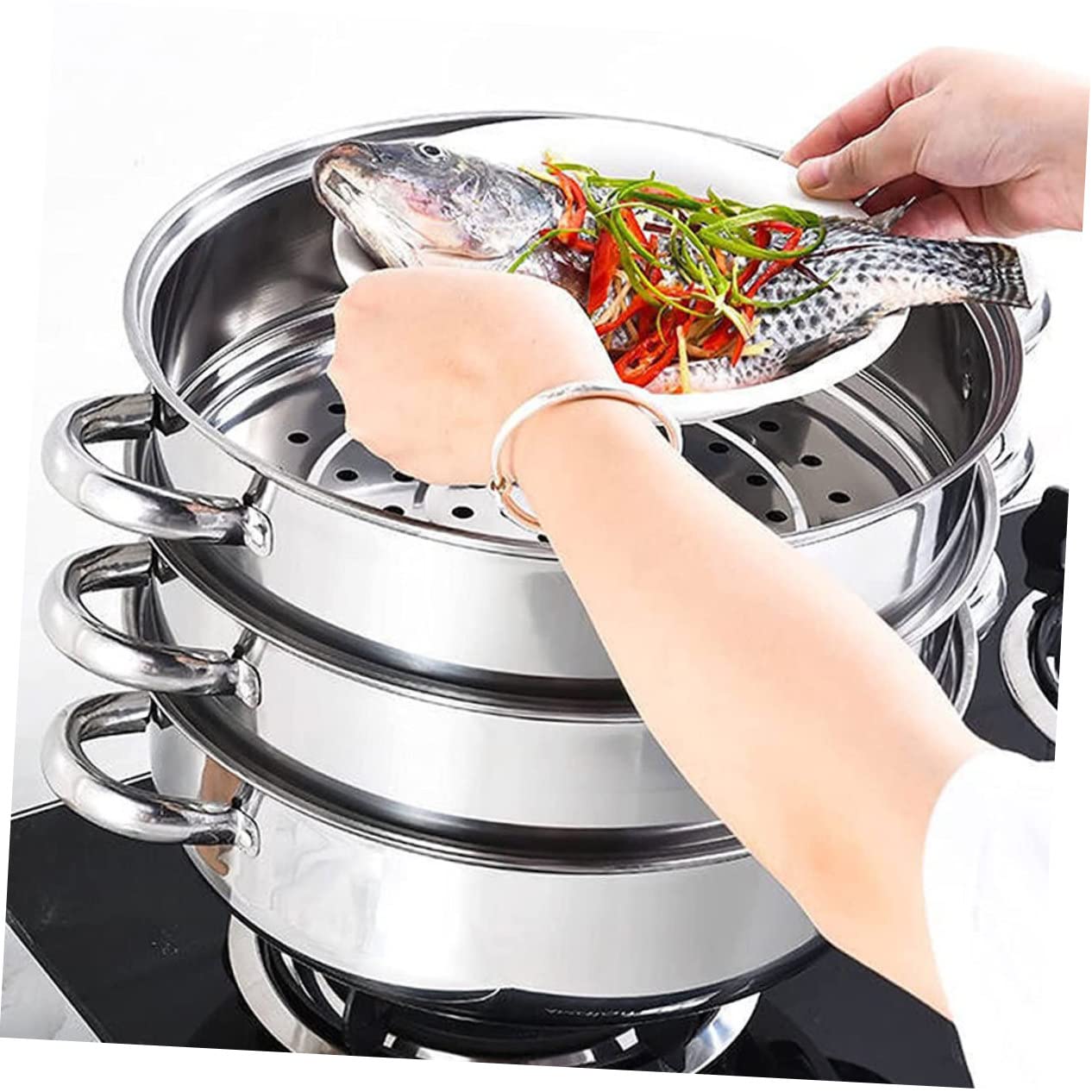 Alipis Olla Vaporera Utensilio de Cocina Multiuso Diseño Multicapa de 28 Cm de Acero Inoxidable y Tapa de Vidrio Adecuado para Cocinar al Vapor Verduras y Panecillos