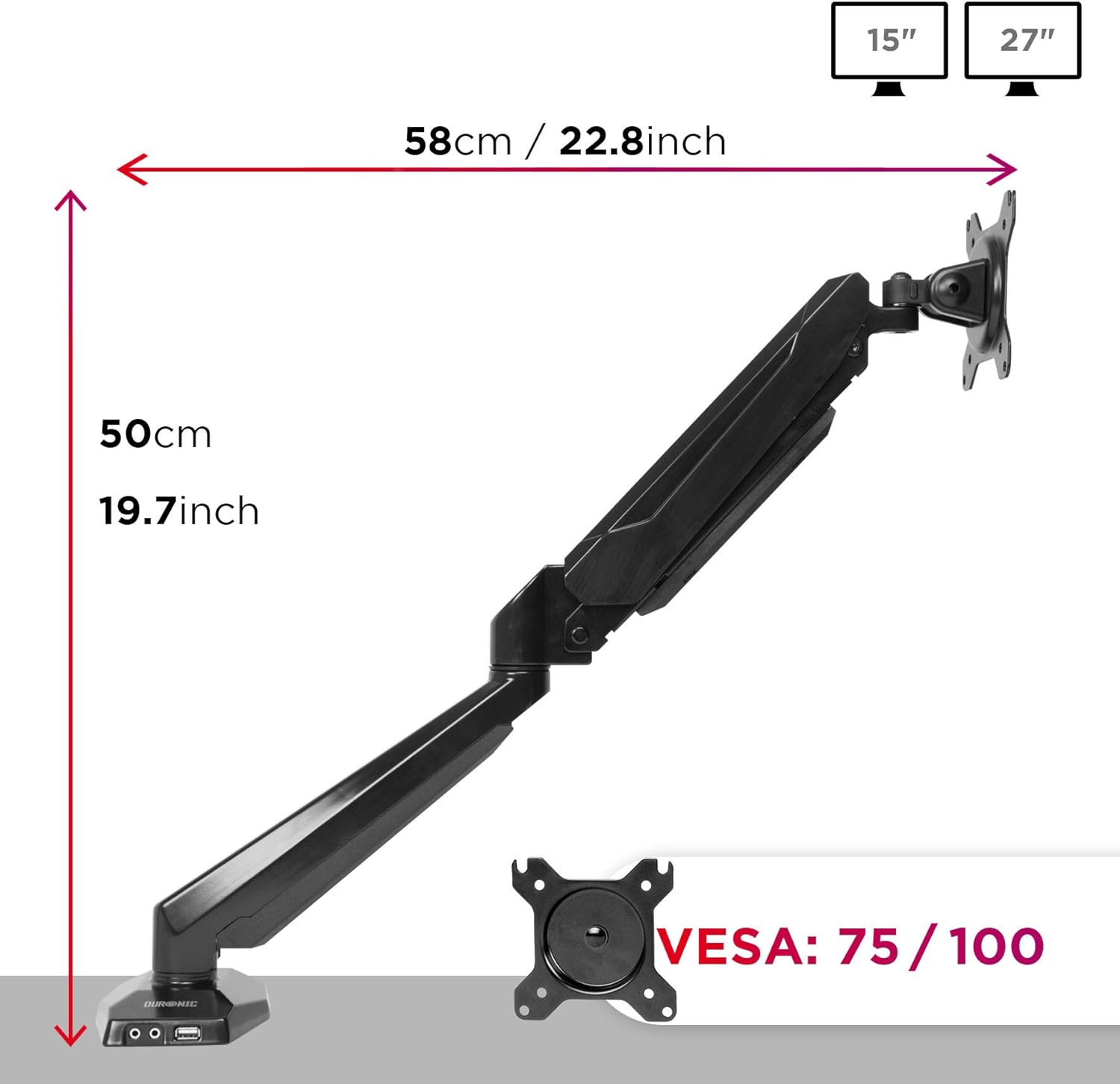 Image showing the dimensions of the monitor arm and the VESA mounting plate.