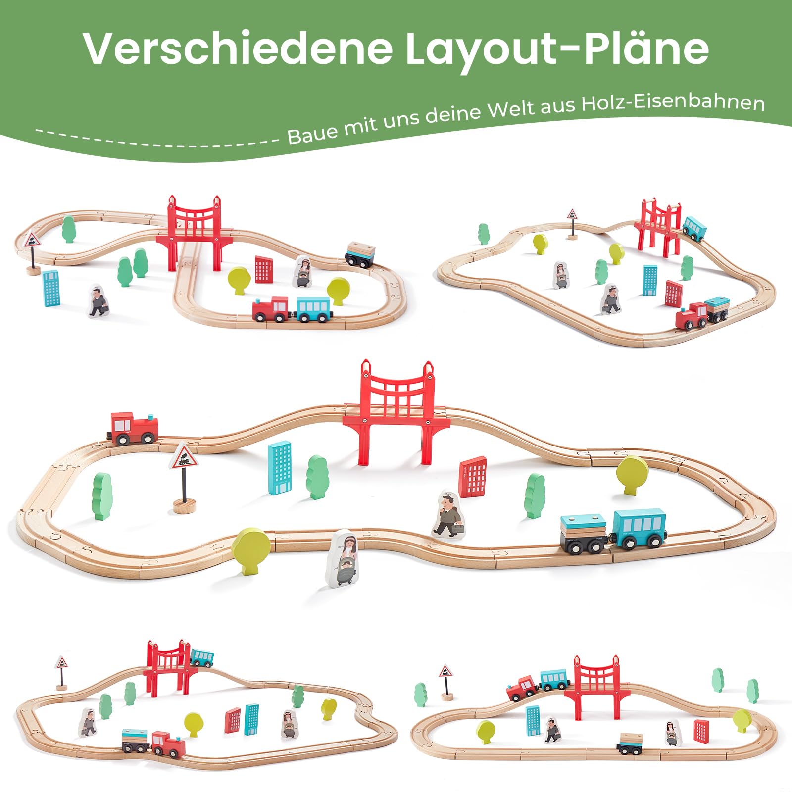 Tiny Land 39 Pcs Holzeisenbahn und Züge Pack Eisenbahn Anfängerset Kompatibel mit großen Marken Zugset Kleinkinderspielzeug empfohlen ab 3 Jahren