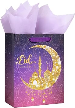 Loveinside Ramadan Gift Bag, Purple Gradient and Gold Crescent Moon Mosque Design, Eid Medium Size Gift Bag with Tissue Paper for Muslim Festival, Holiday, Wedding, 10" x 5" x 13", 1 Pcs
