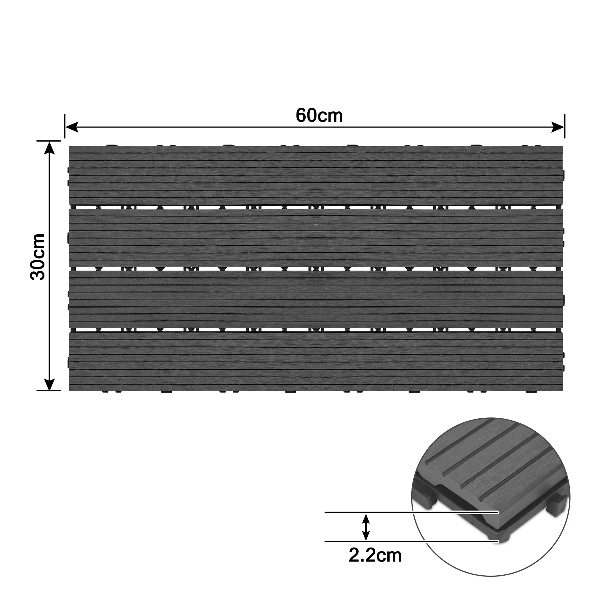 WPC - Piastrelle da pavimento, piastrelle da giardino, 60 x 30 cm, 12 pezzi/2 m², effetto legno, per balconi, terrazze, resistenti alle intemperie, con funzione drenaggio, colore antracite