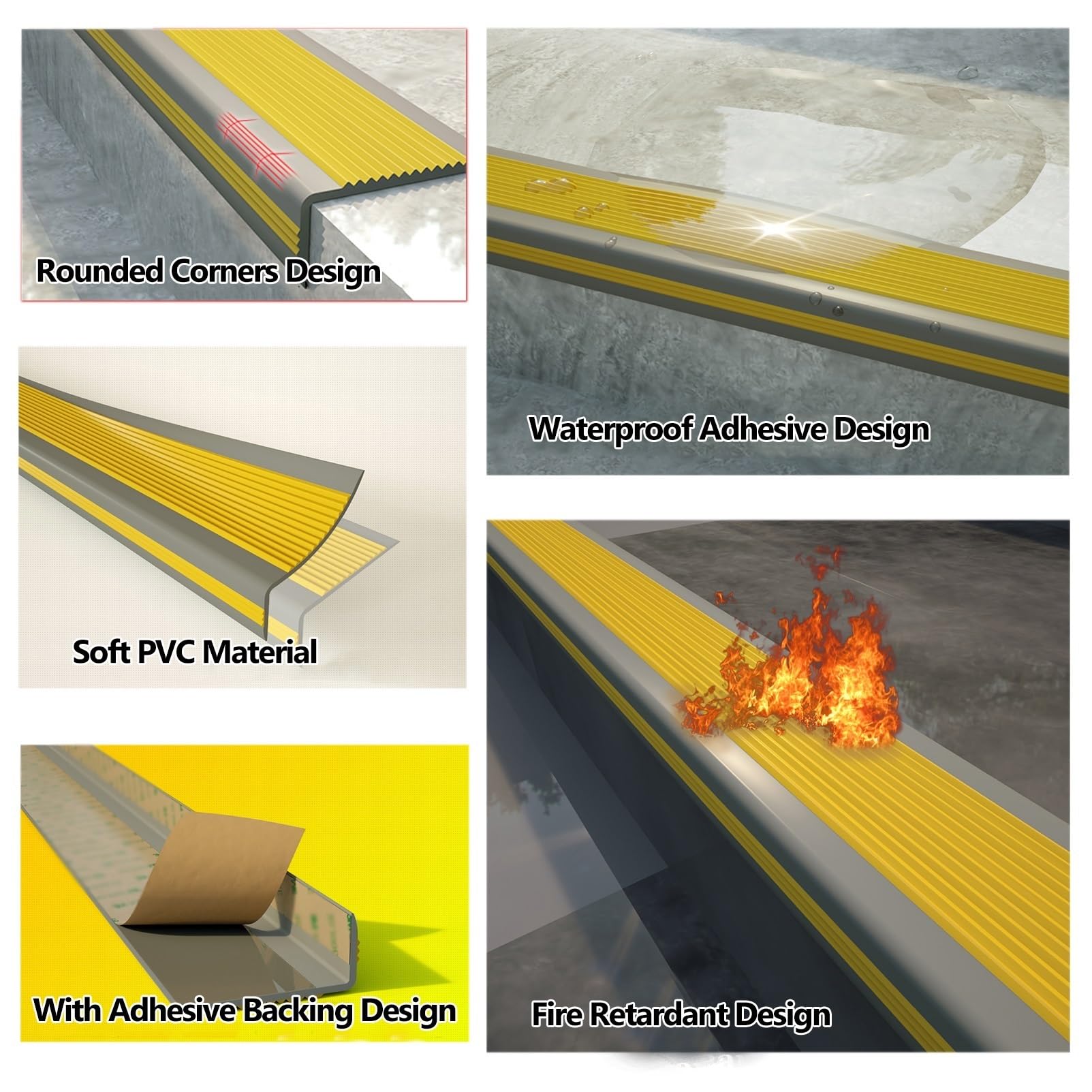 Peldaños de goma antideslizante para escaleras, color amarillo y gris, 2,4 m, acabado antideslizante para escalones de interior y exterior, agarre de seguridad para escaleras