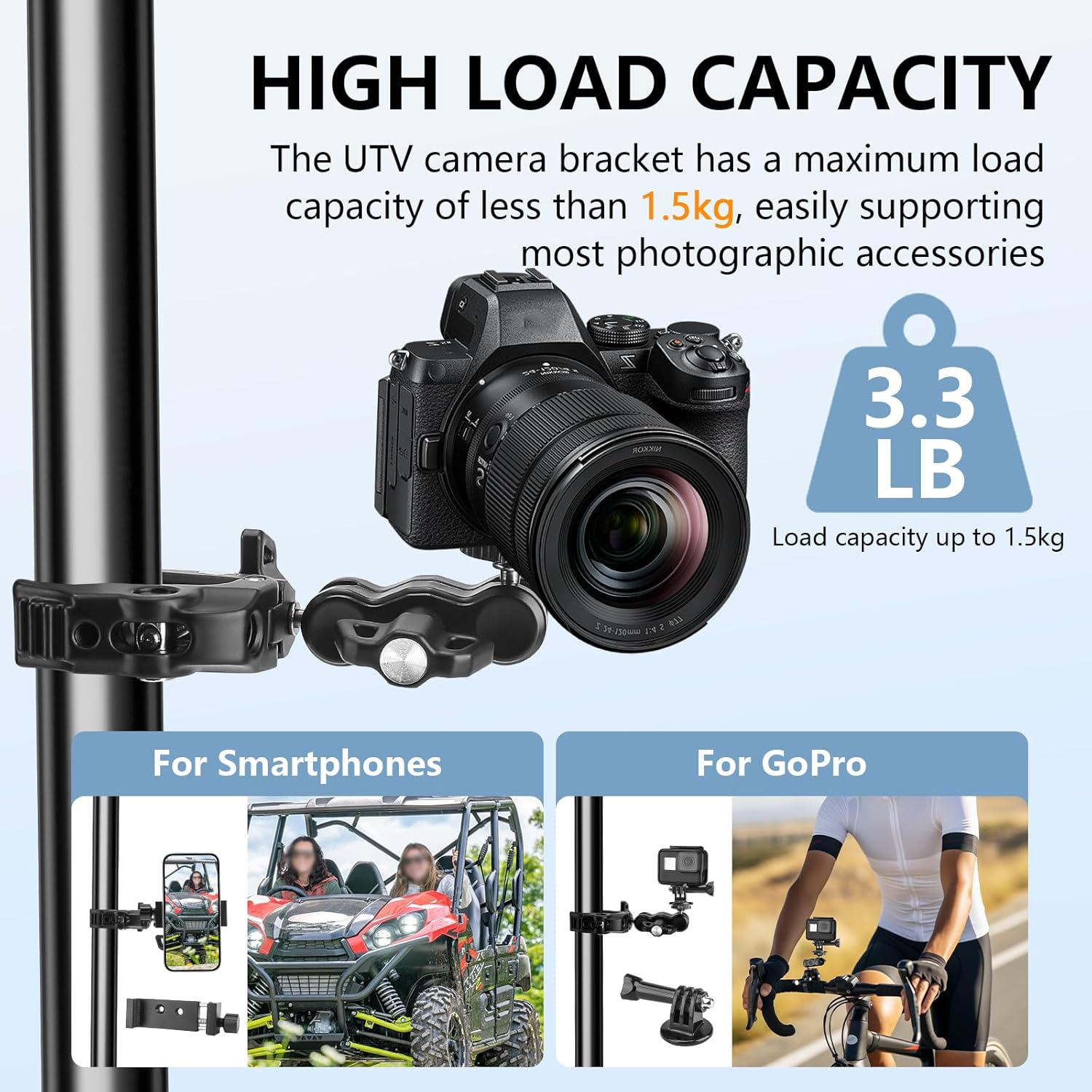 Chelhead Adjustable Phone Camera Holder, 1/4"-20 & 3/8"-16 Threads Universal Tube Mount Fits Up to 3'' Roll Bar Compatible with LED Lights, DSLR Camera, Gopro, Ronin-M, MOVI, Insta360, Tripod/Desk
