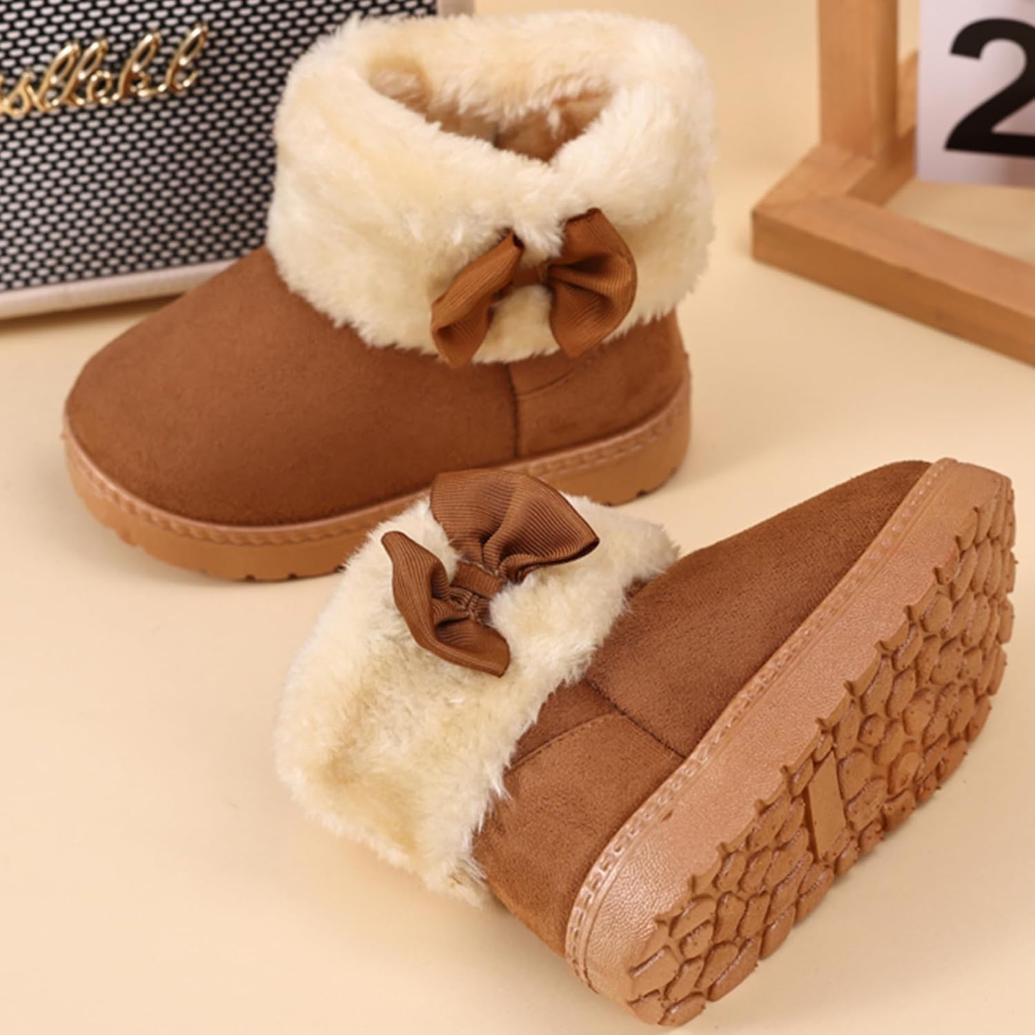 WUIWUIYU Baby Girl's Toddler's Cute Bowknot Winter Ankle Boots Fur Lining Princess Warm Snow Boots