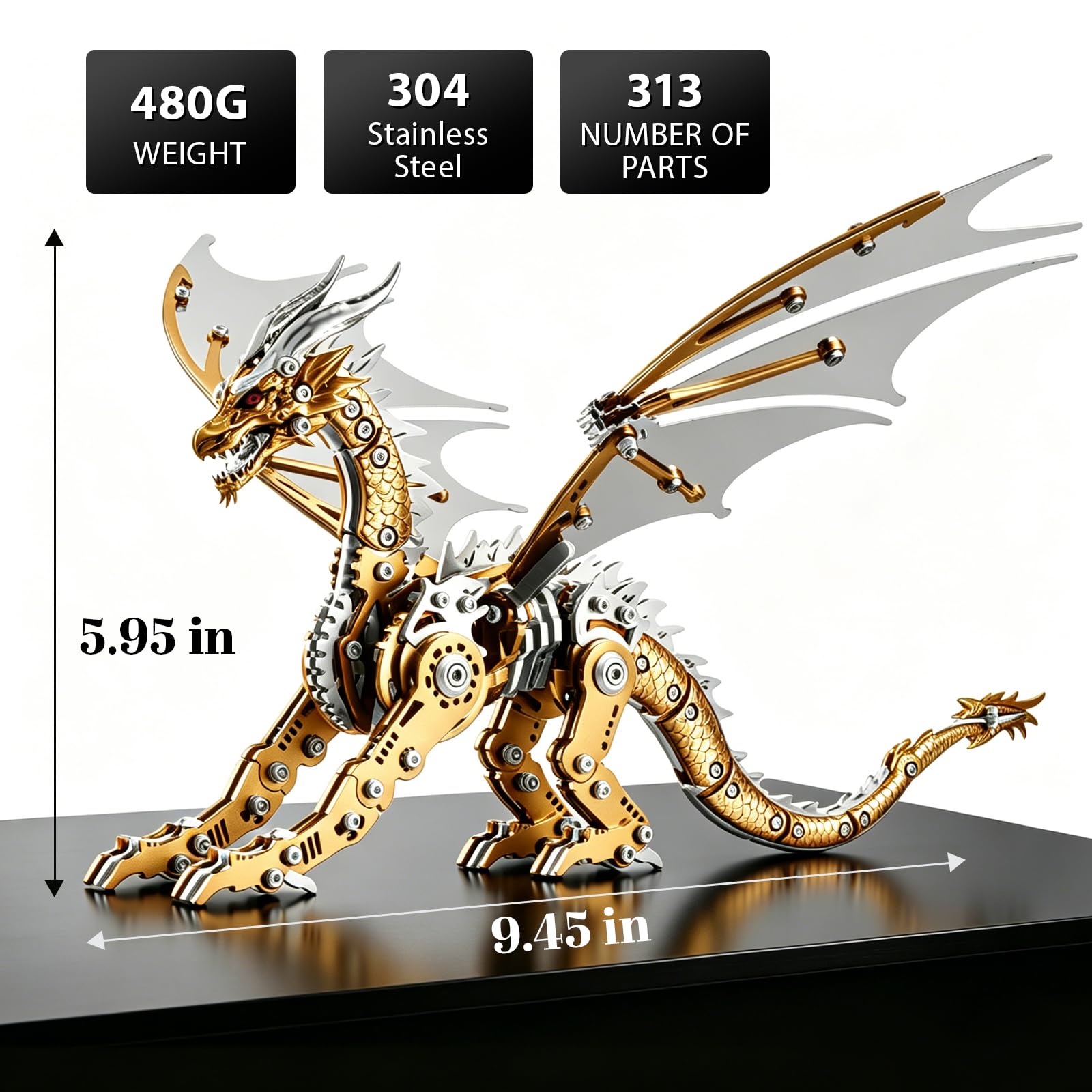 3D-Metallkomponenten-Serie: Kreatives DIY-Puzzle mit Spielspaß und intellektueller Herausforderung für Personen ab 14 Jahren, Roter Wingsaurus (Gold)