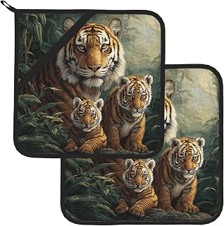 Pot Holders for Kitchen Heat Resistant Potholders with Pocket Jungle Tigers Cub Pot Holders Set of 2 Machine Washable Non-Slip Oven Hot Pads for Cooking Baking Gift 8 x 8 Inch