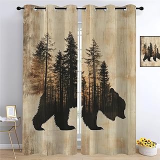 Bear Silhouette Minimalist Curtains, Modern Rustic Style for Men & Eco-C...
