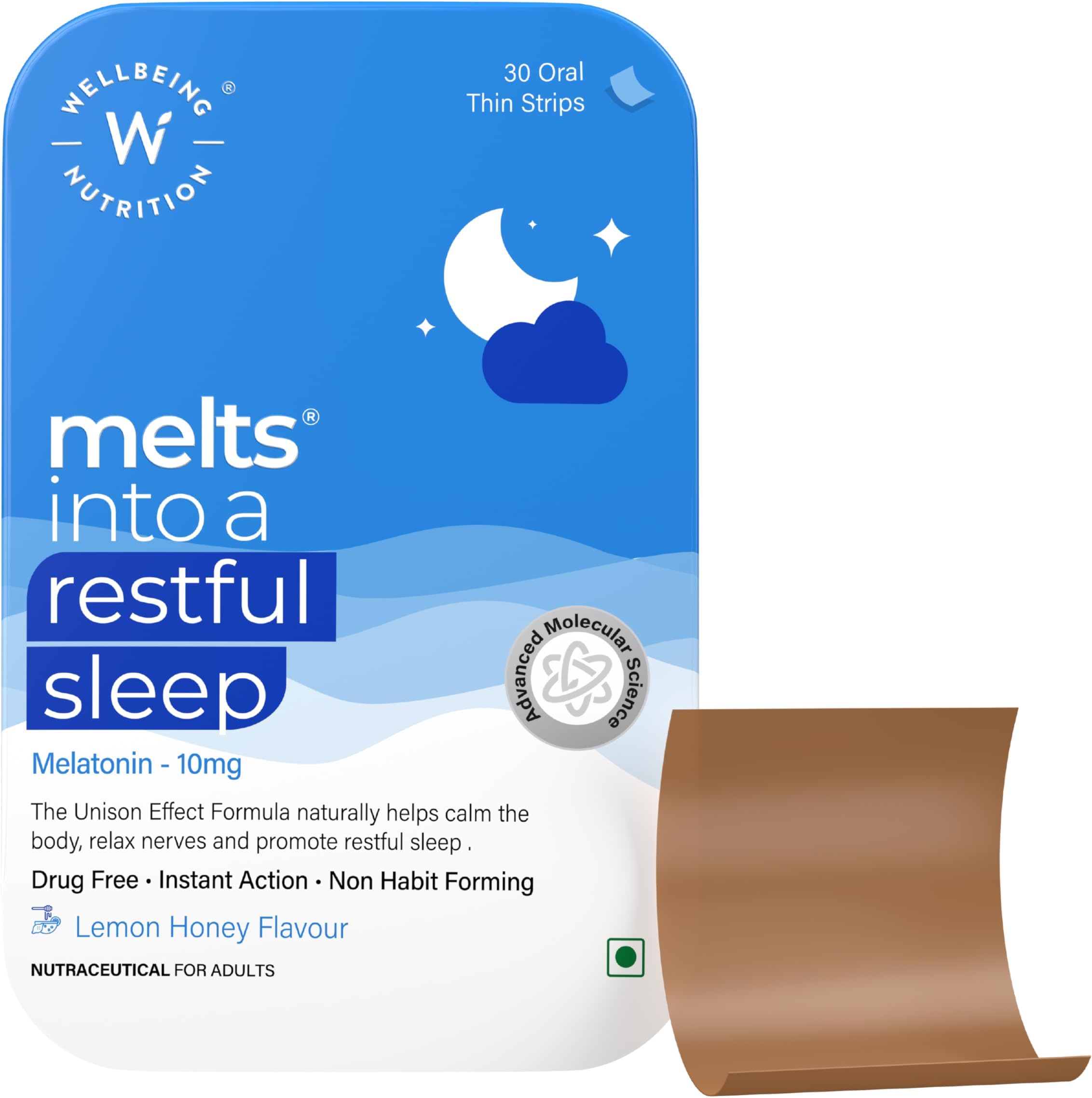 Wellbeing Nutrition Melts Restful Sleep Aid | Plant-Based Melatonin 10mg for Better Sleep with Chamomile, Tagara, L-Theanine | Non-Addictive Sleep-Aid, Safe, Natural, 30 Oral Strips