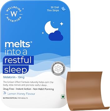 Wellbeing Nutrition Melts Restful Sleep Aid | Plant-Based Melatonin 10mg for Better Sleep with Chamomile, Tagara, L-Theanine | Non-Addictive Sleep-Aid, Safe, Natural, 30 Oral Strips
