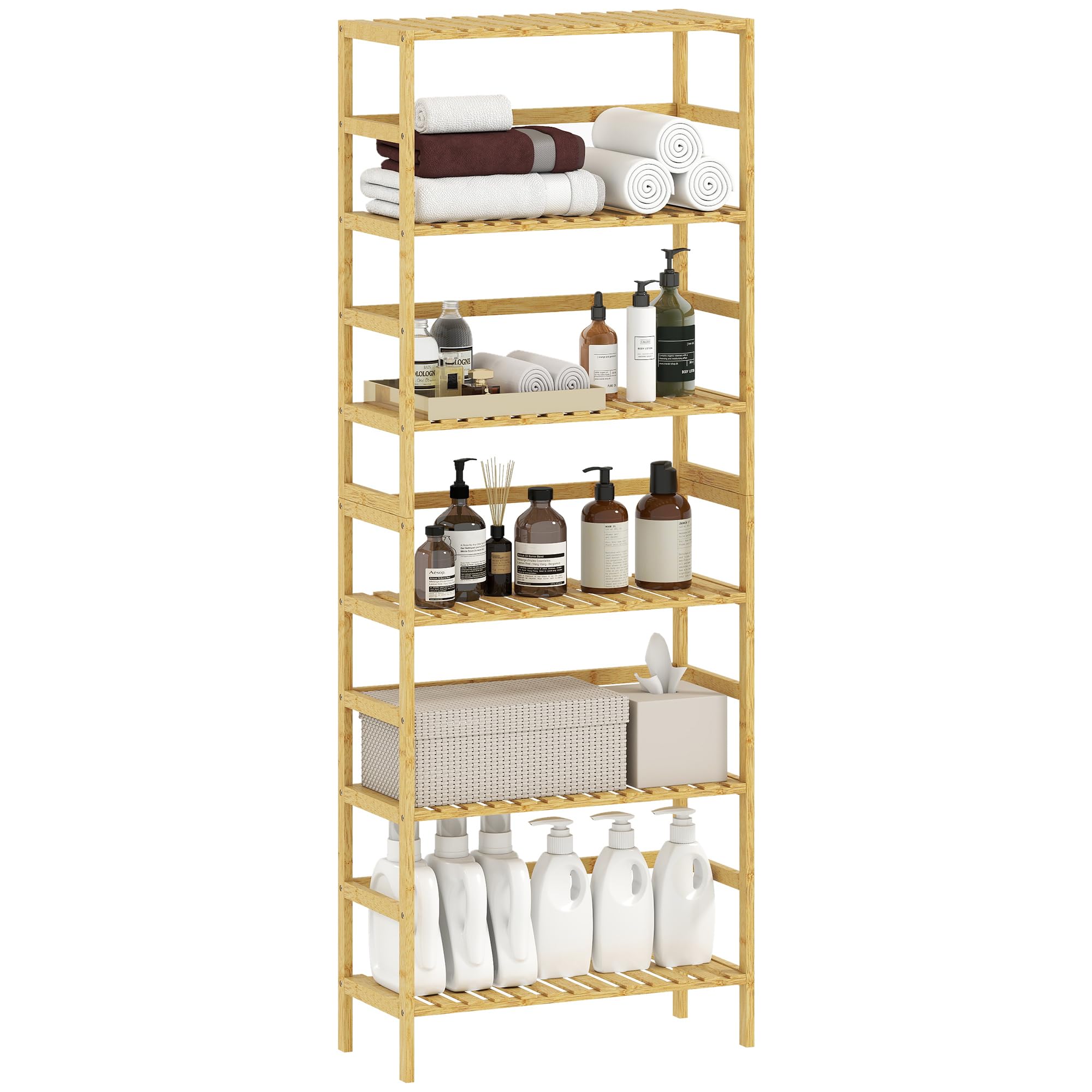 HOMCOM Scaffale Portaoggetti in Bambù a 6 Ripiani, Libreria Scaffale Moderno con Ripiani Regolabili, per Bagno, Soggiorno, Camera da Letto, Studio e Ufficio, Legno Naturale