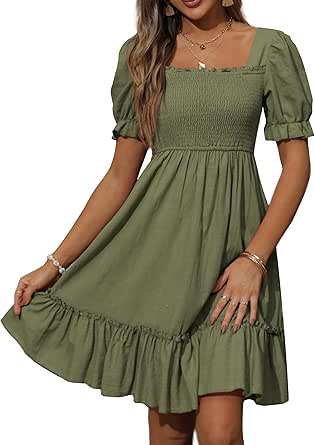 Zexxxy Women's Square Neck Smocked Dresses Long & Short Sleeve Ruffle A-line Knee Length Dress S-XXL