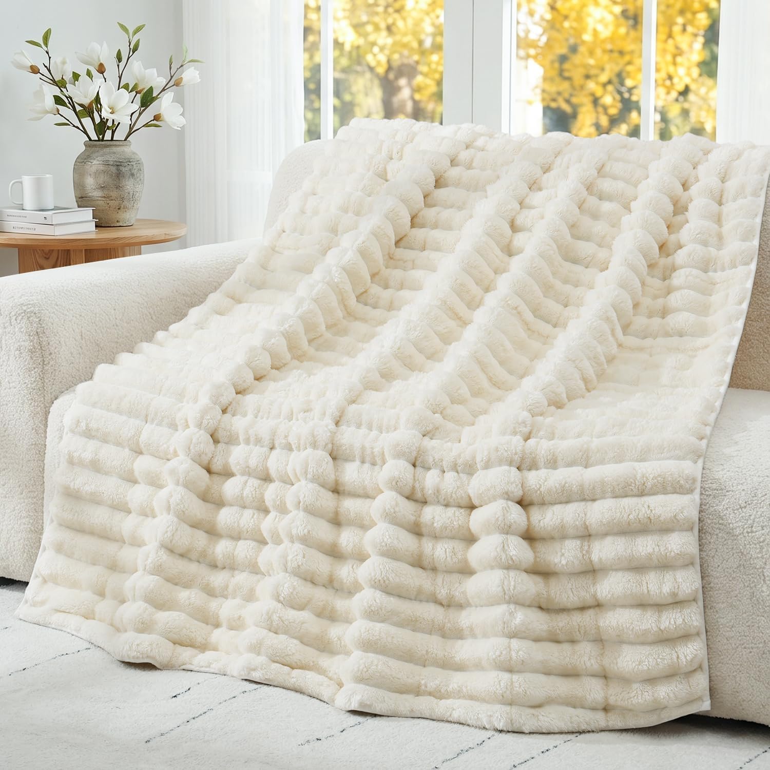 Fleece Weighted Blanket for Adults 48" x 72" 12lbs Striped Blankets,White