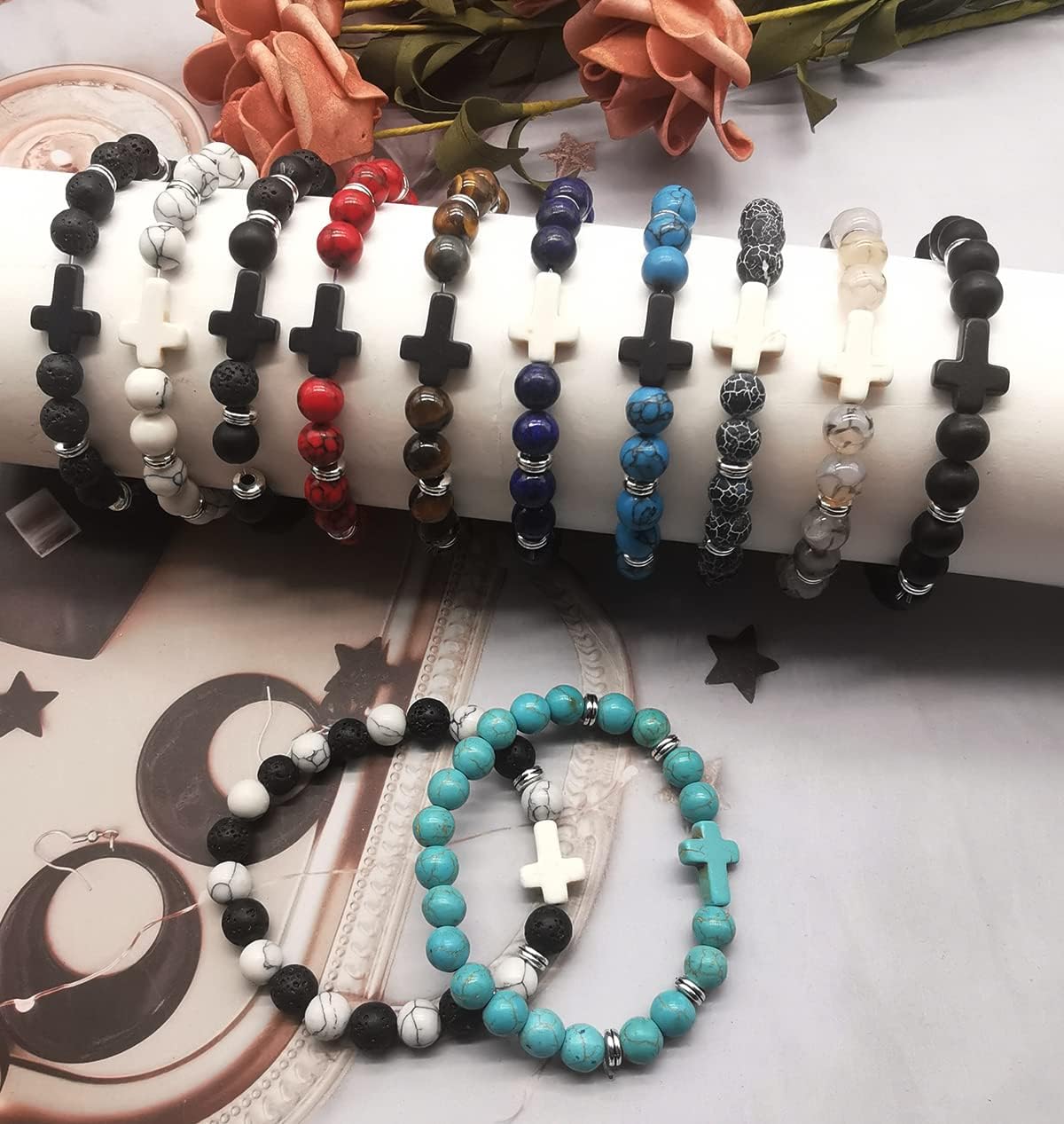 12Pcs Fashion Religion Cross Men Women 8mm Natural Stone Lava Tiger Eye Stretch Anxiety Bracelets Unisex 7.5" - Image 7