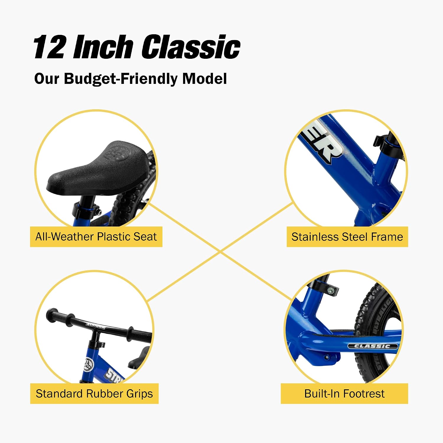 Strider 12” Classic Bike - No Pedal Balance Bicycle for Kids 1 to 3 Years - Includes Built-In Footrest, Handlebar Grips  Flat-Free Tires