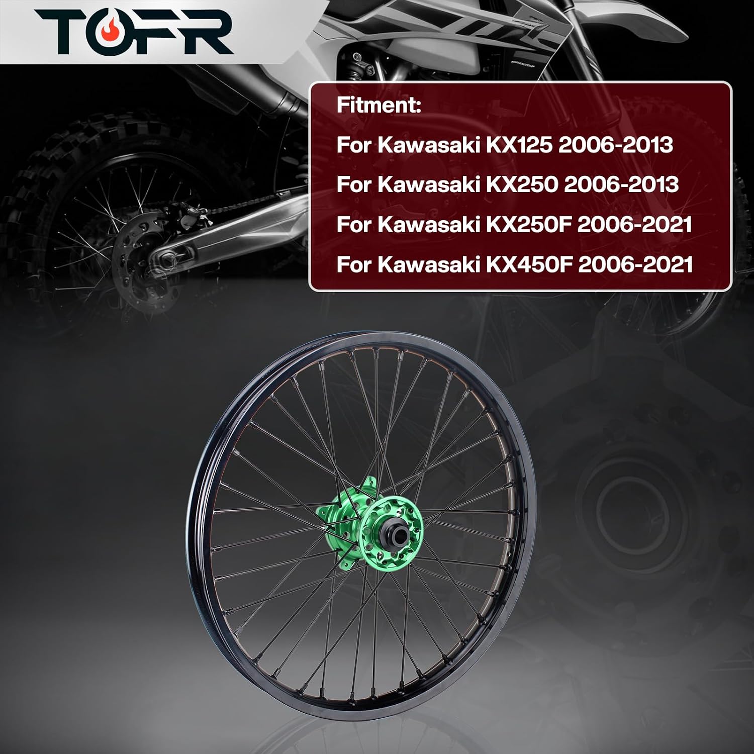 TOFR 21 x 1.60 MX Front Wheel Kit 36 Spokes Rim Green Hub for Kawasaki KX125 KX250 2006-2013 KX250F KX450F 2006-2021