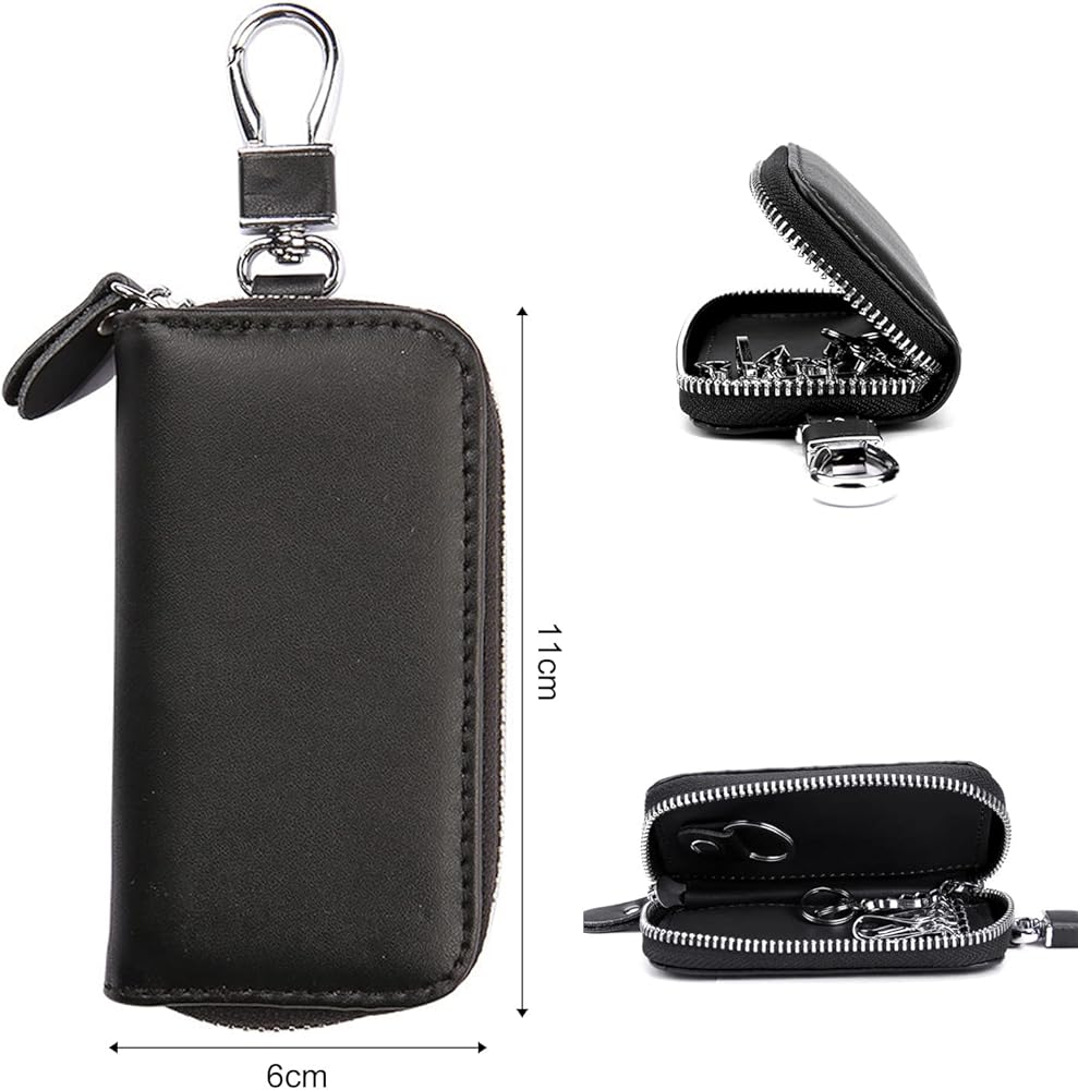 PFLYPF 1 pezzo di portachiavi per auto in pelle di vacchetta, portafoglio con cerniera di grande capacità con gancio, portachiavi in stile classico per carte bancarie, chiavi (nero