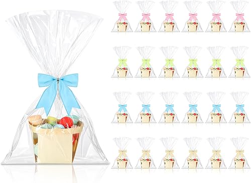 Miniatura 16 de Kigley Juego de 24 cestas de regalo de madera vacías pequeñas con bolsas de celofán, lazos, cesta para Pascua, bricolaje, recolección de frutas