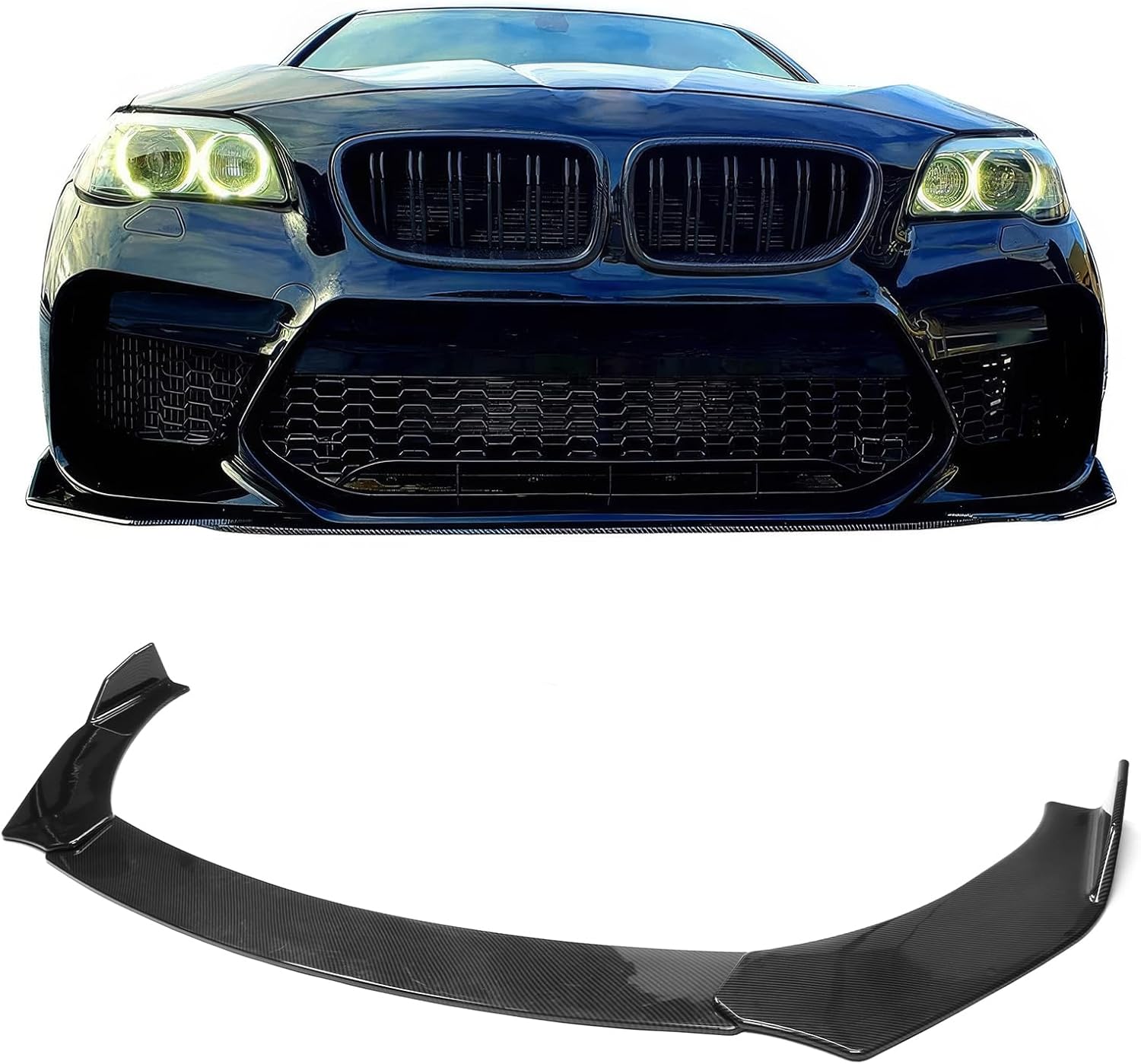 IKON MOTORSPORTS, Compatible with Most 62" - 66" Width Car, Adjustable A Style Front Bumper Lip Chin Splitter Spoiler Air Dam Carbon Fiber Print PP 3PCS
