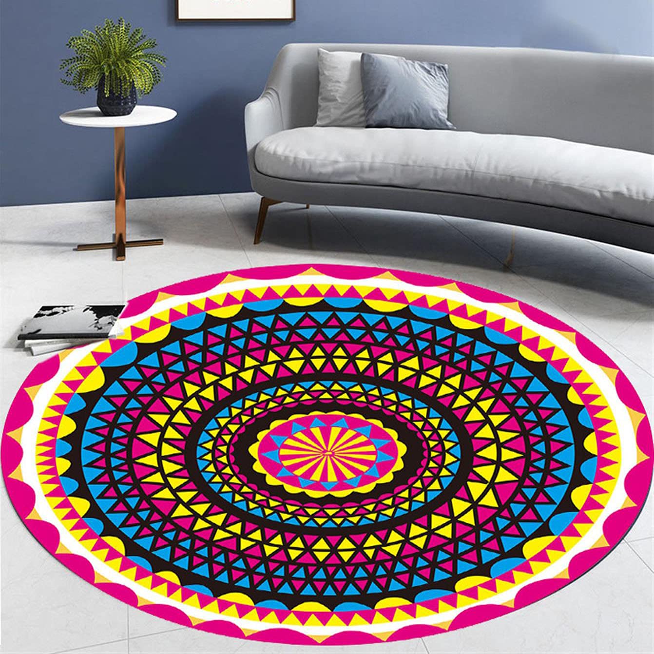 Alfombra Redonda Bohemia algodón Lino alfombras Tejido Hecho a Mano Tejido India Mandala Patrón Alfombra Redonda con borlas para la Sala de Estar Cocina Dormat,O,90cm/2.9ft