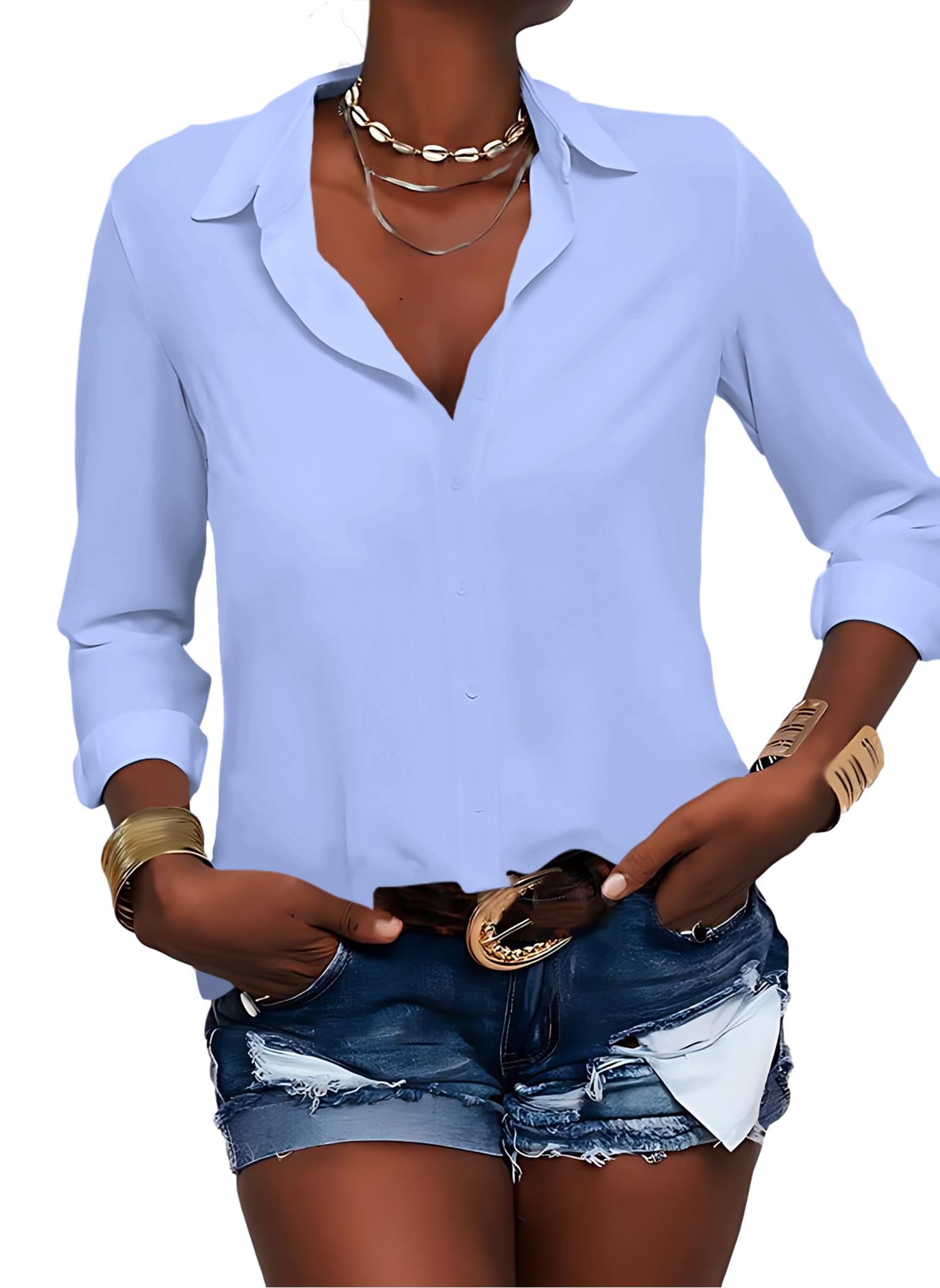 Zitiki Blusa de Mujer con Cuello en V, Camisa con Botones, Manga Larga, Gasa, Oficina, Informal, Tops de Negocios