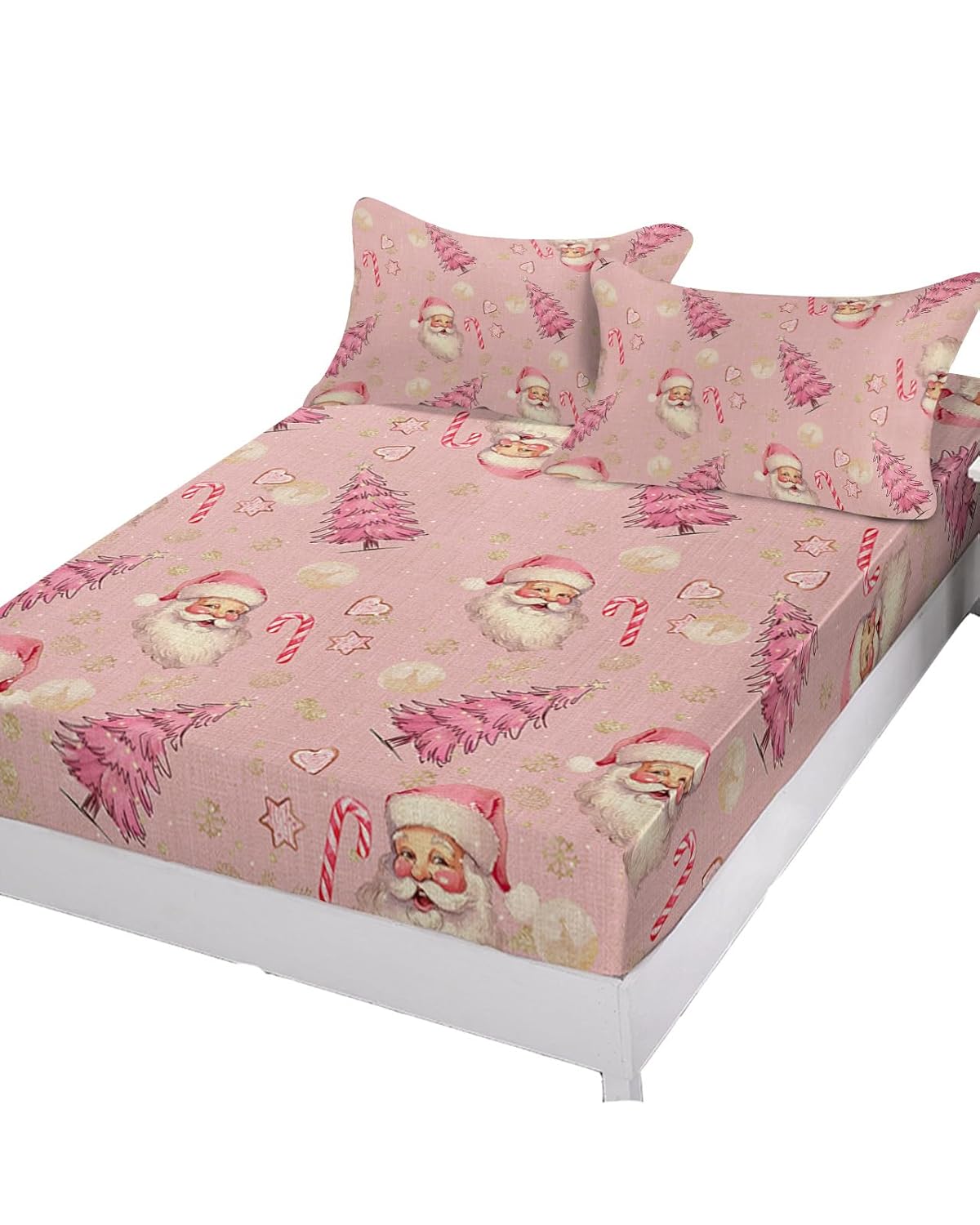 Queen Fitted Sheet Deep Pocket Bed Sheets with Elastic Vintage Pink Christmas Tree with Santa Claus Soft Brushed