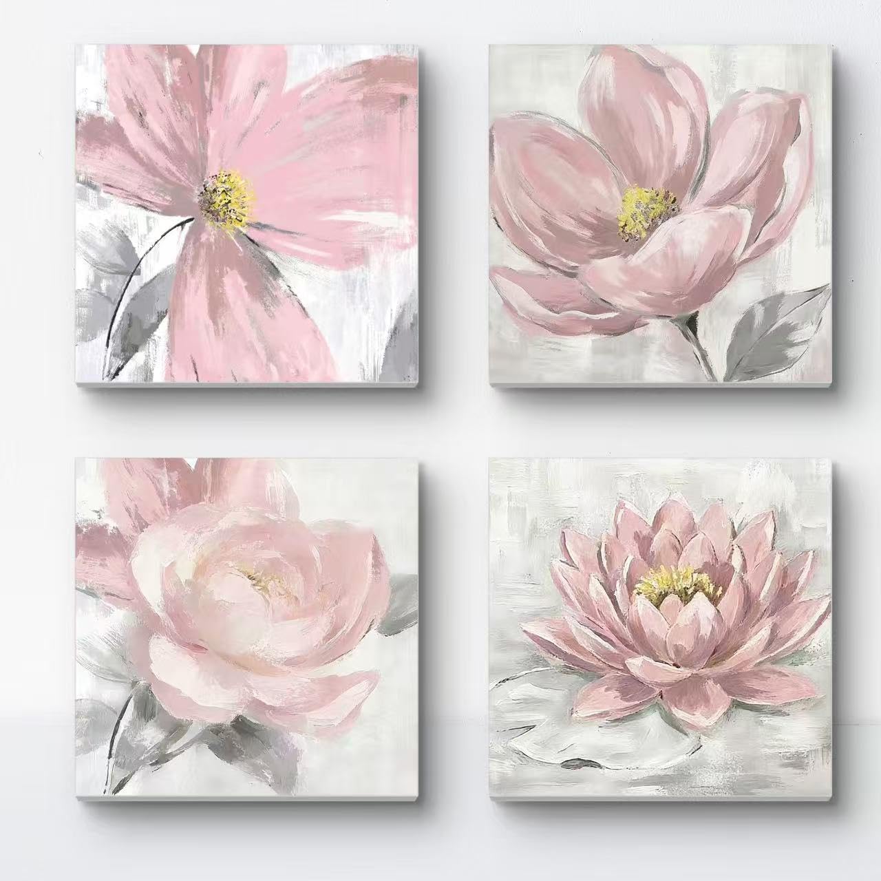 Genius Decor- Modern Bedroom Wall Art Pink Gray Flower Pictures Canvas Art Prints Framed Abstract Blush Wall Decoration (Pink)