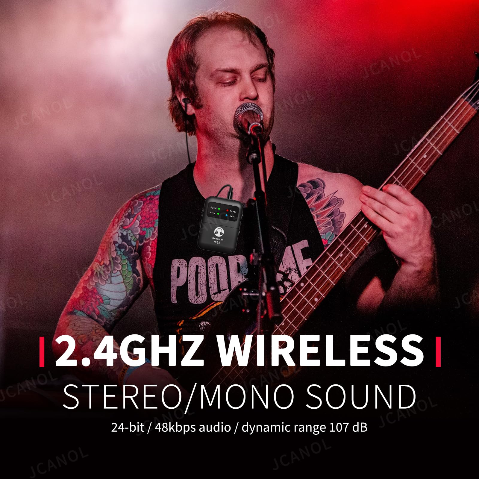Wireless in Ear Monitor System, 2.4G Stereo Wireless IEM System with Beltpack Transmitter Receiver Auto-Pairing, 164ft for Studio, Band, Live Performance