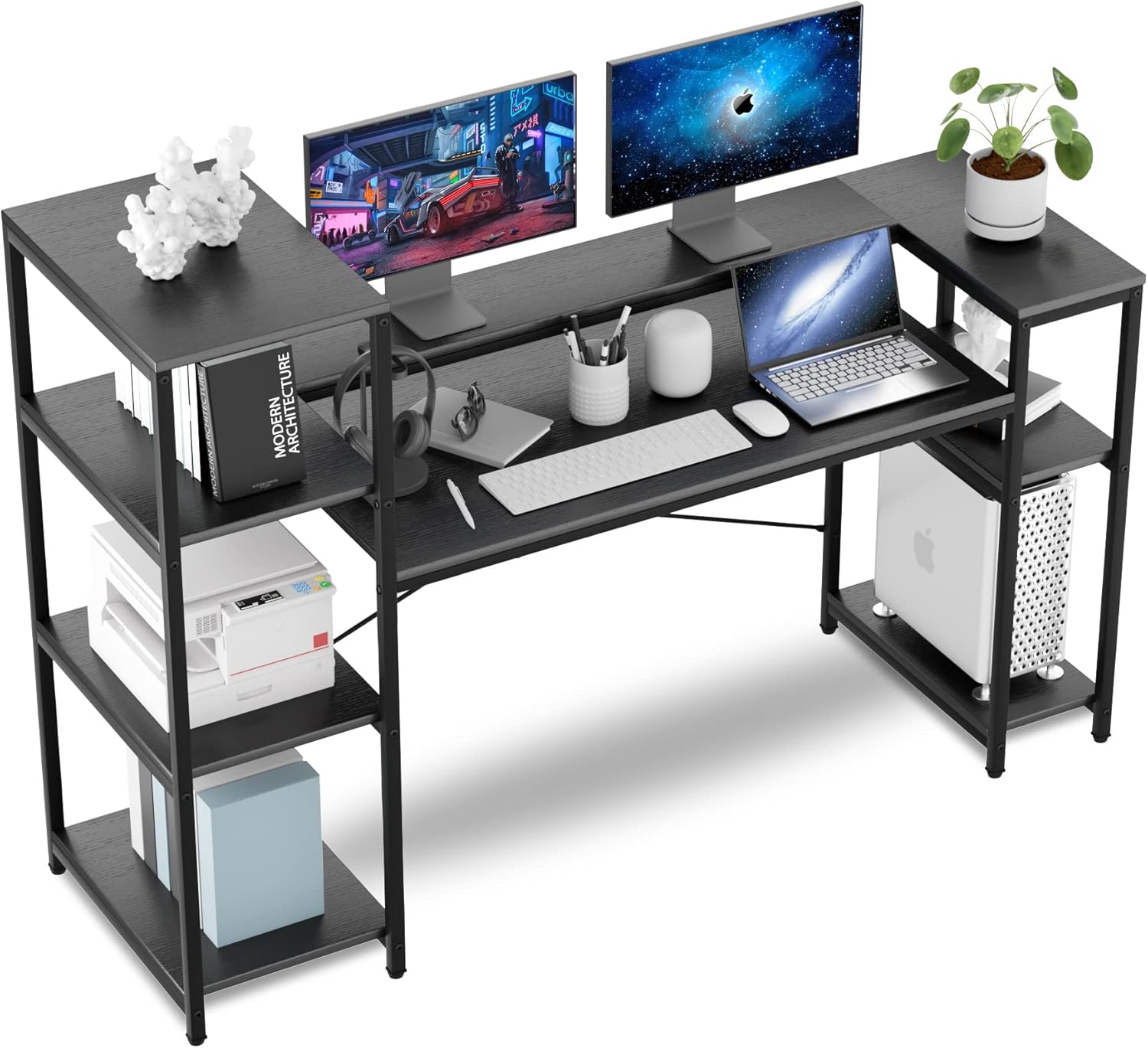 Computer Desk with Storage Shelves, 63 Inches Large Industrial Office