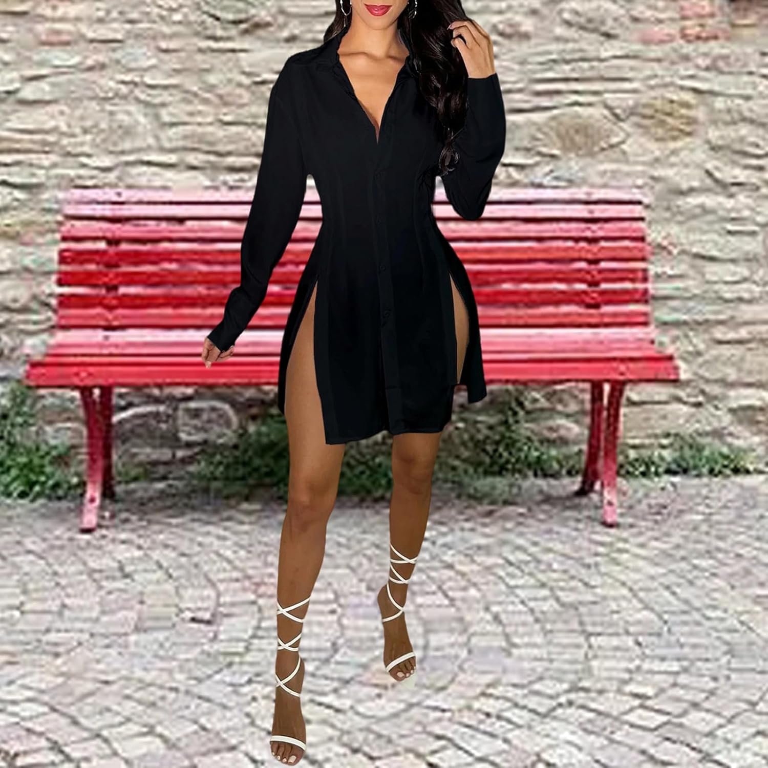 shengfan Women's Casual Long Sleeve Button Down Shirt Dress Collar V Neck Loose Slit Sexy Blouse Mini Dresses - Image 5