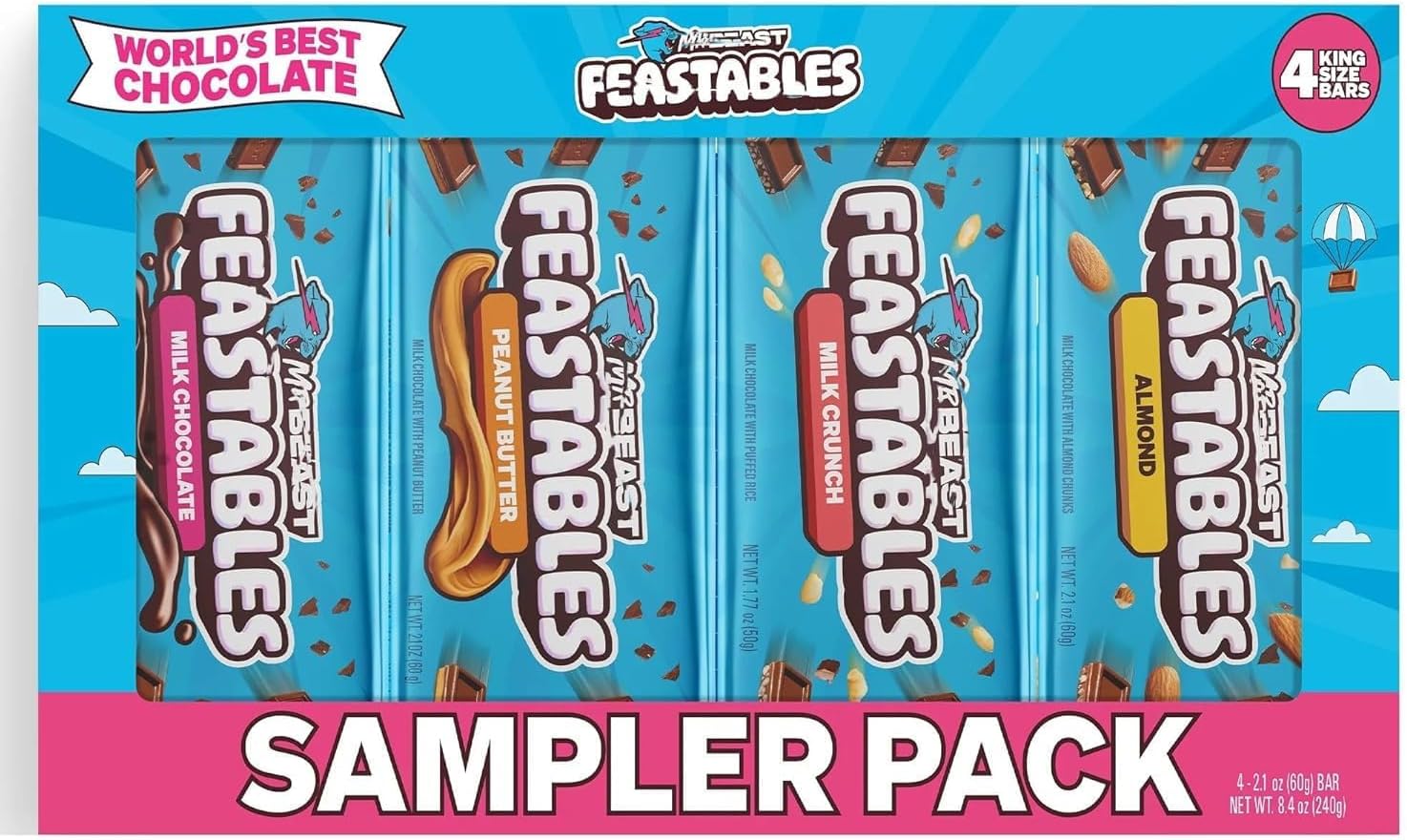 Feastab Best Games, Mr. Beast Chocolate Bar Variety Pack - Milk Chocolate, Peanut Butter, Milk Crunch and Almond Beast Bars - 8.4oz/4ct