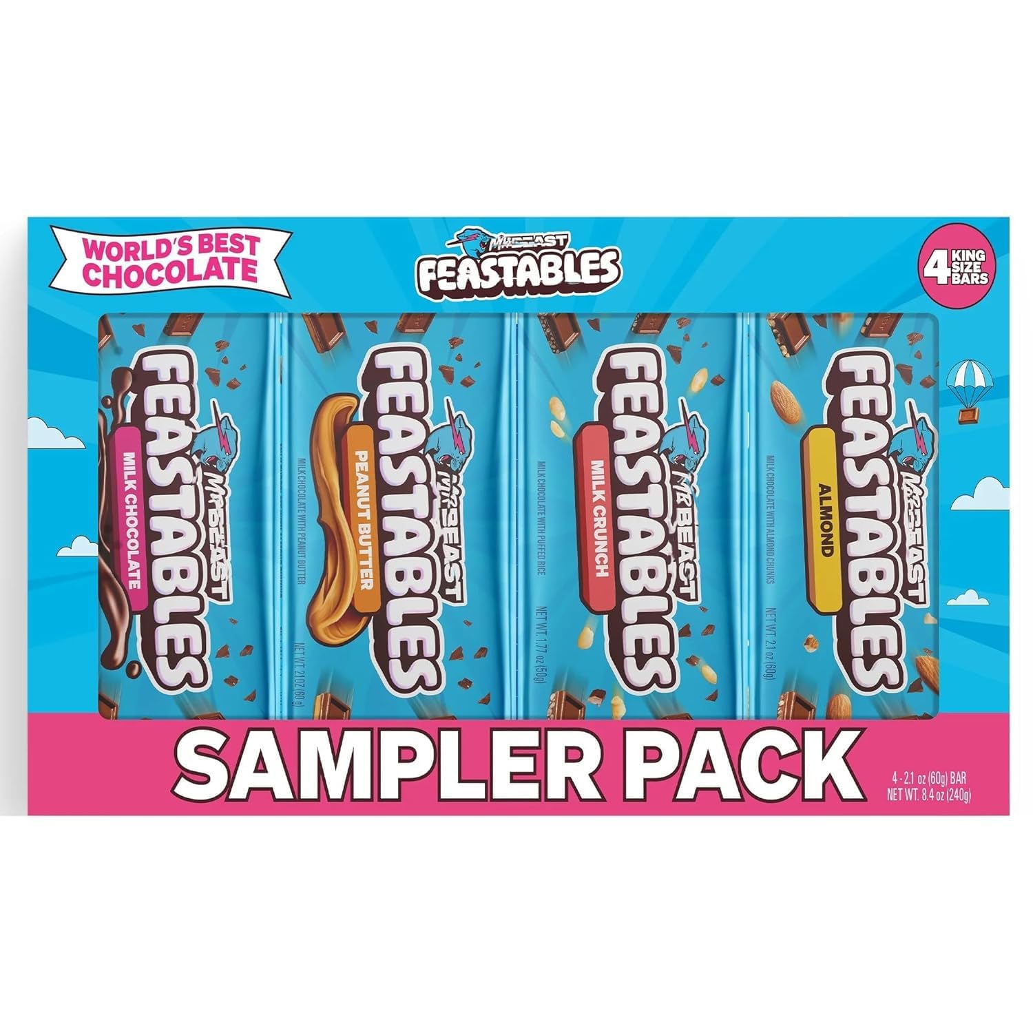 Feastab Best Games, Mr. Beast Chocolate Bar Variety Pack - Milk Chocolate, Peanut Butter, Milk Crunch and Almond Beast Bars - 8.4oz/4ct