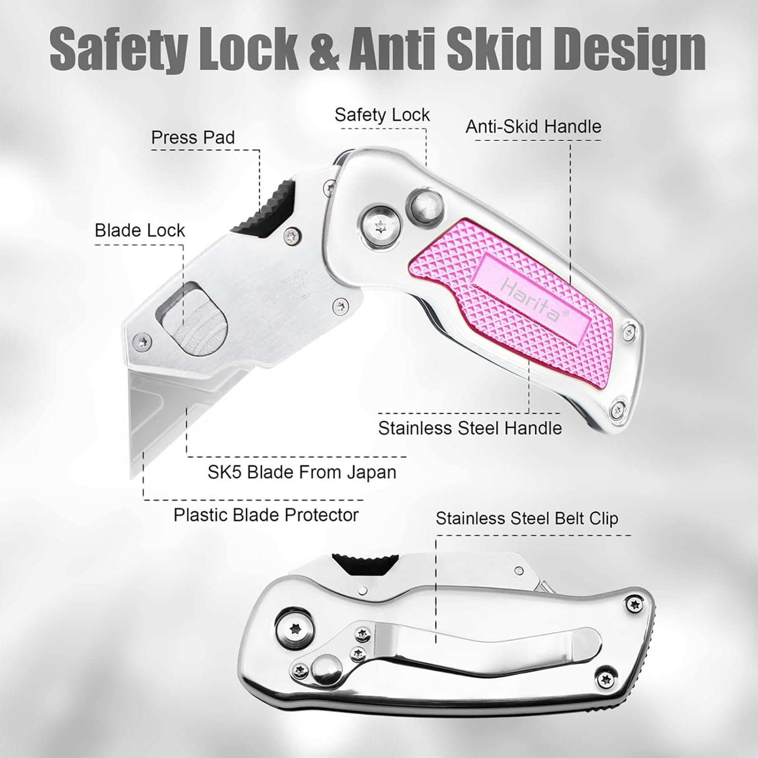 Harita Box Cutter Utility Knife Cutter Knives with Quick Change Blades, Back-lock Mechanism, Portable Belt Clip, Heavy Duty Razor Knife with 5-piece Extra Blades (Pink)