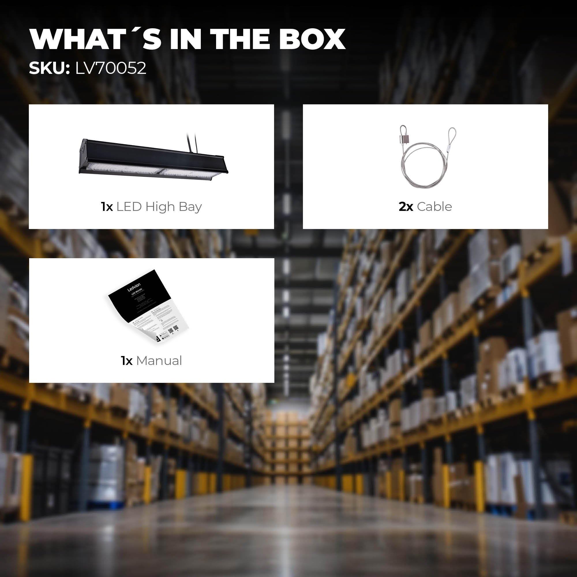 Ledvion - LED Lineal High Bay 100W (6000K, 175lm/W, regulable, IP65), 5 Años de Garantía, Eficiencia Energética