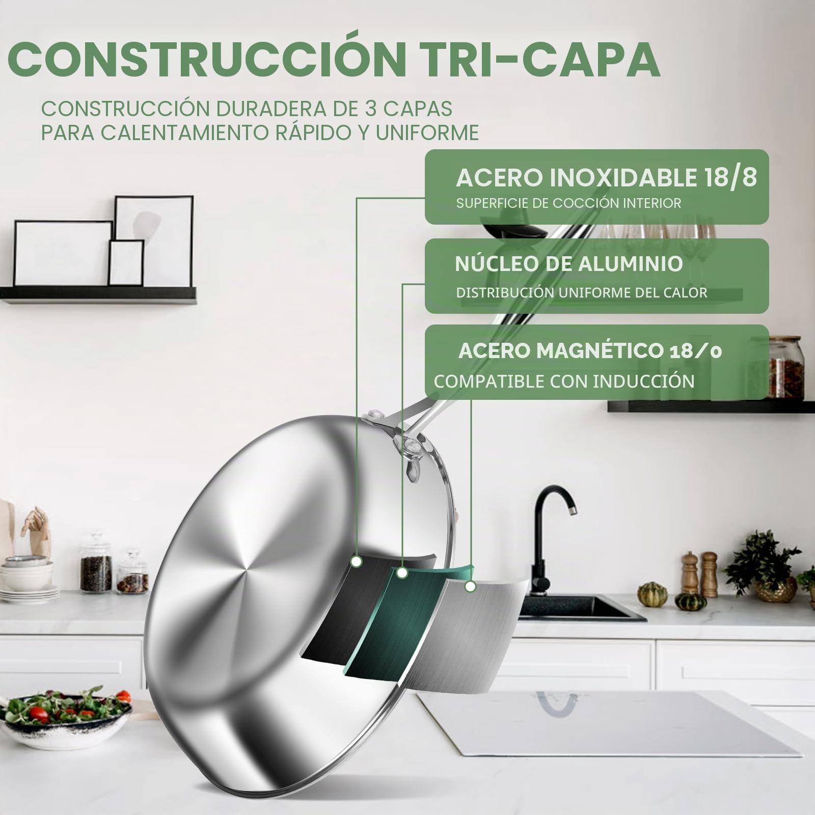 EWFEN Juego de utensilios de cocina de acero inoxidable de 3 capas con tapas, ollas y sartenes, no tóxico, inducción, horno, lavavajillas, calidad profesional