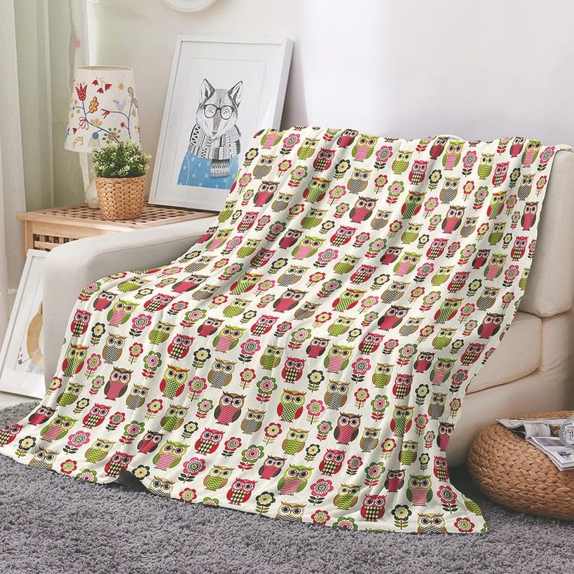 EHOMERY Flannel Blanket Big Blanket King Size Clearance Flannel Sheets Twin xl Flat Only Cute Throw Blankets White Fluffy Owl Spring Blanket Decorative Soft Comfy Blankets 240x180cm