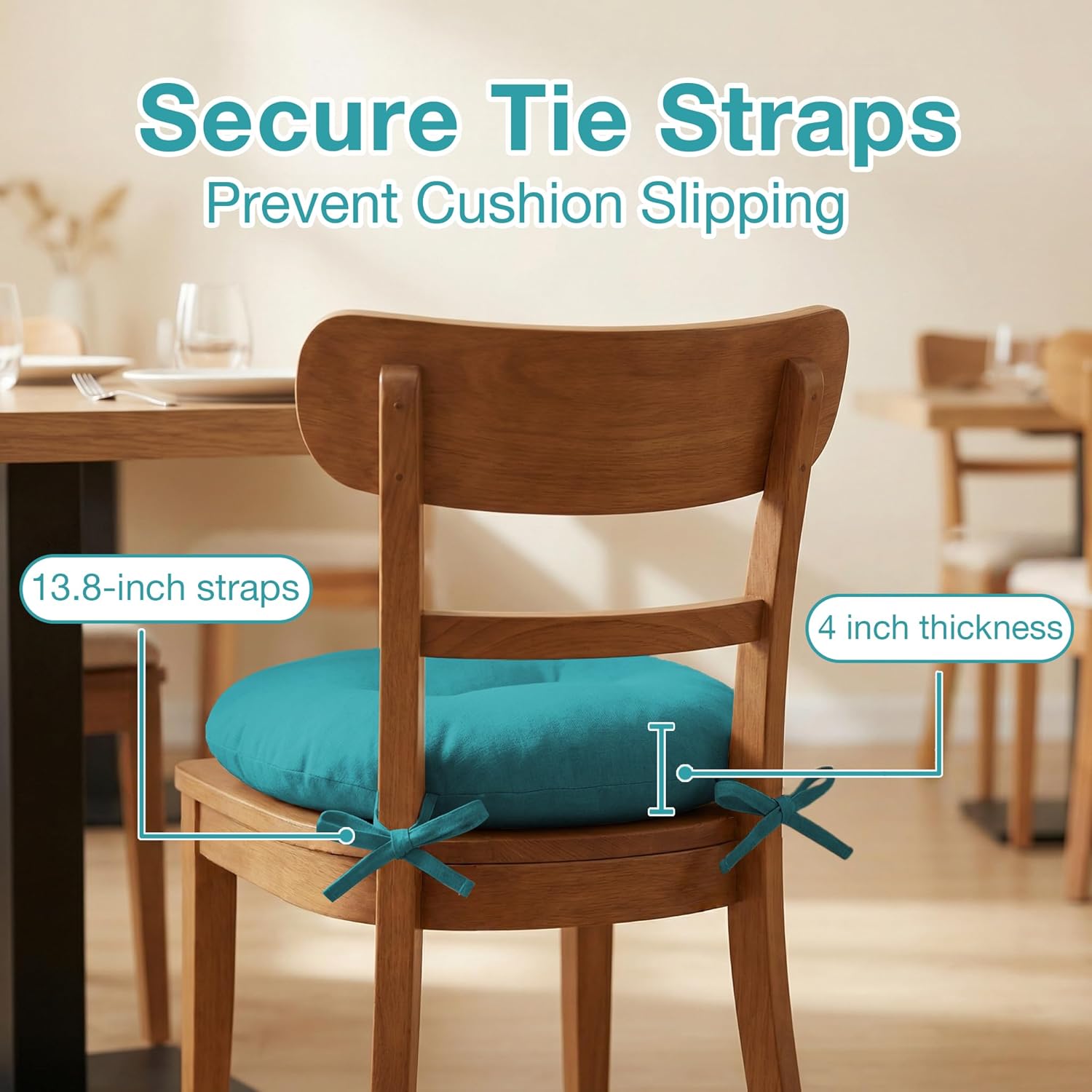 Teal Blue Bistro Chair Cushions Set of 2, Round Seat Chair Pads with Ties for Dining Room Patio