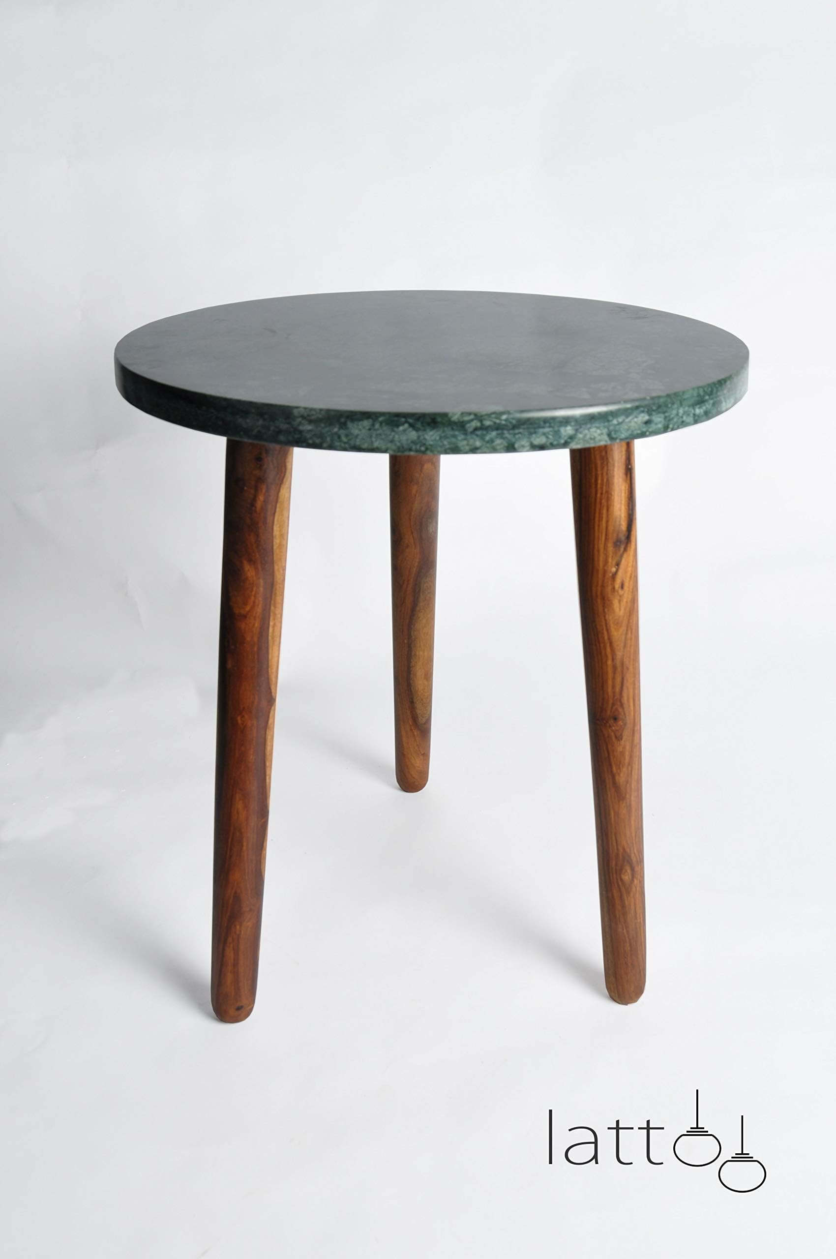 Lattoo Green Marble and Sheesham Wood Round Shape Bed Side End Table for Living Room | Three Legs Table