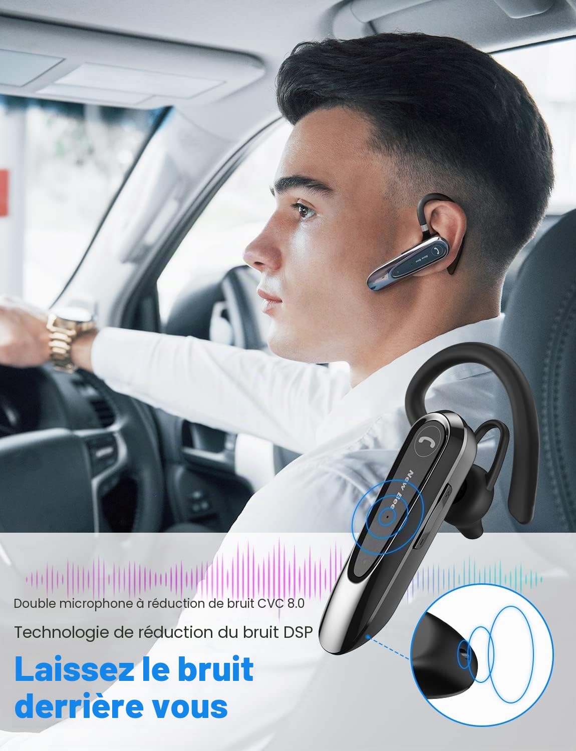 New Bee Oreillette Bluetooth sans Fil avec Dual Mic V5.0 Main Libre Bluetooth Oreillette avec 20H de Temps de Conversation Mic Mute Connexion de Deux Appareils pour iPhone, Android et PC