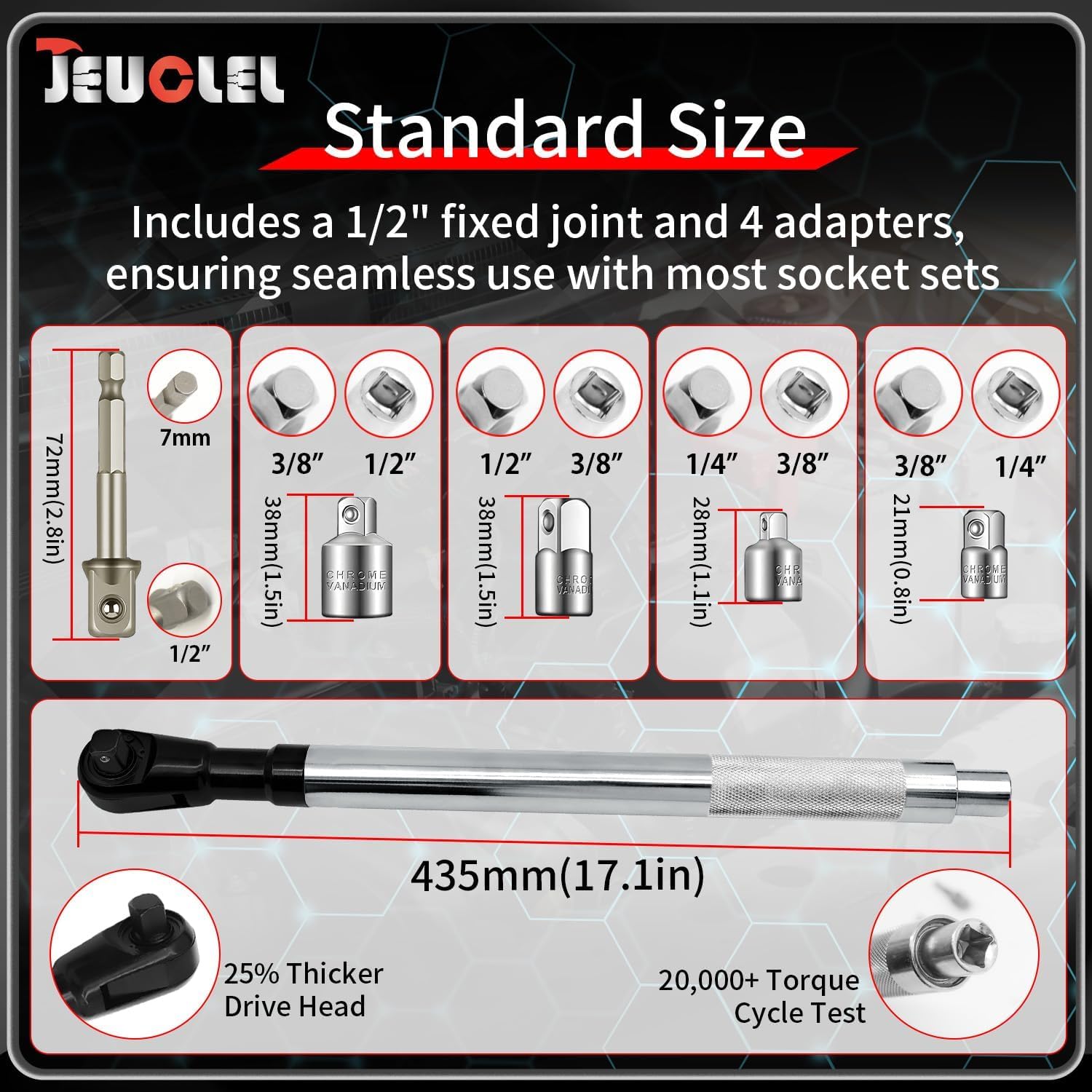 Offset Extension Wrench for Electric Drill, with 4 Socket Adapters and 1 1/2" Electric Drill Adapter, Impact Wrench Extender for Socket Sets, Slim Design for Tight Spaces