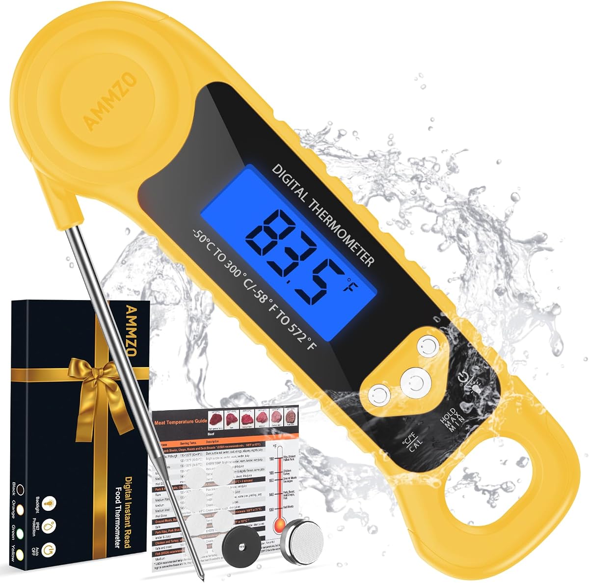 AMMZO Termómetro digital para carne, termómetro para alimentos de lectura instantánea, resistente al agua con retroiluminación para cocinar, dulces, freír, barbacoa, parrilla, accesorios para hacer dulces, regalos para hombres y mujeres (amarillo)