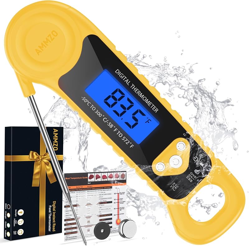 AMMZO Termómetro digital para carne, termómetro para alimentos de lectura instantánea, resistente al agua con retroiluminación para cocinar, dulces, freír, barbacoa, parrilla, accesorios para hacer dulces, regalos para hombres y mujeres (amarillo)