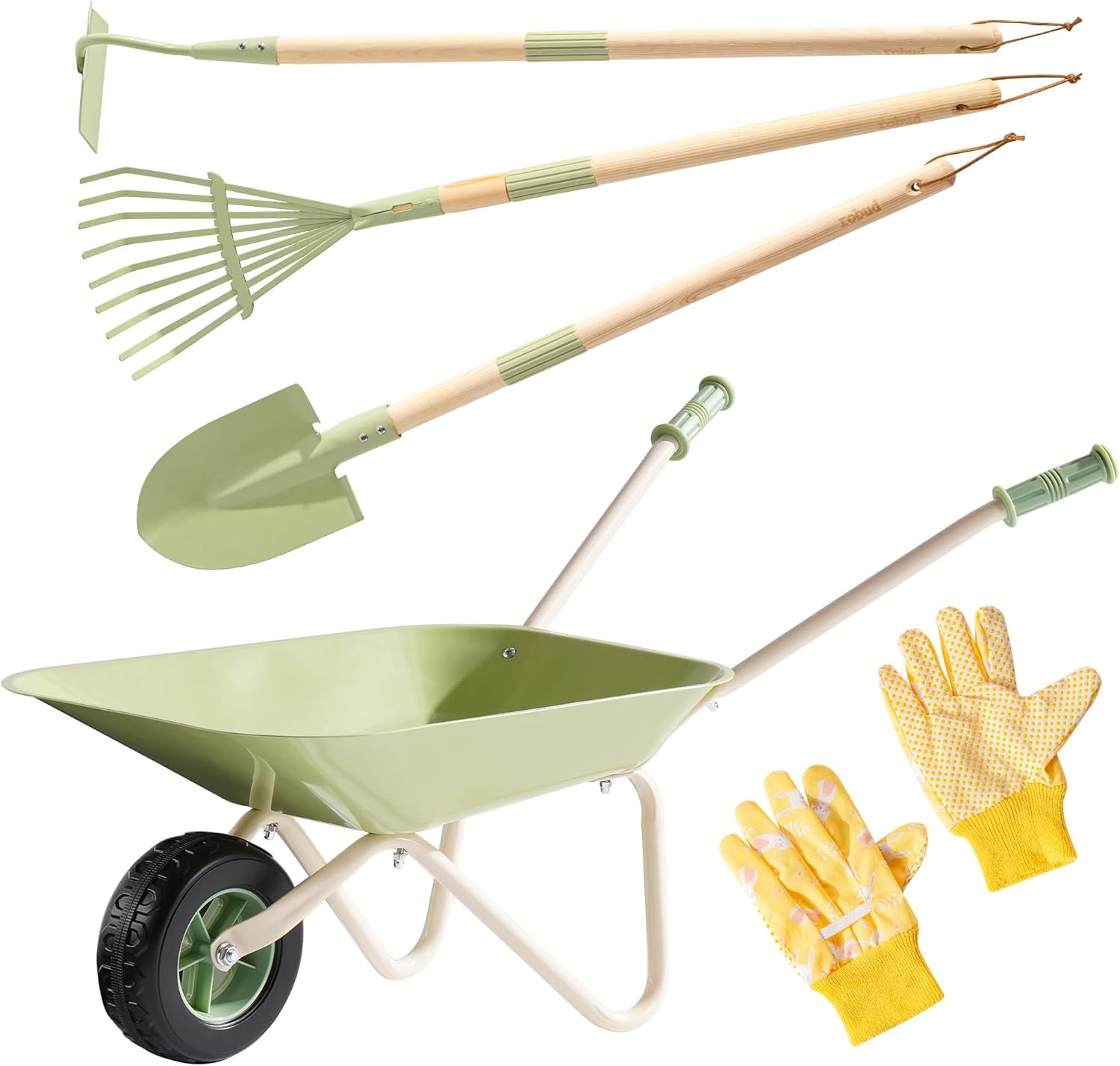 ROBUD Kids Wheelbarrow Set, Green Metal Toddler Wheelbarrow with Shovel, Hoe, Broom & Gloves, Kid Gardening Set for Kid to be Closer to Nature, WRP43