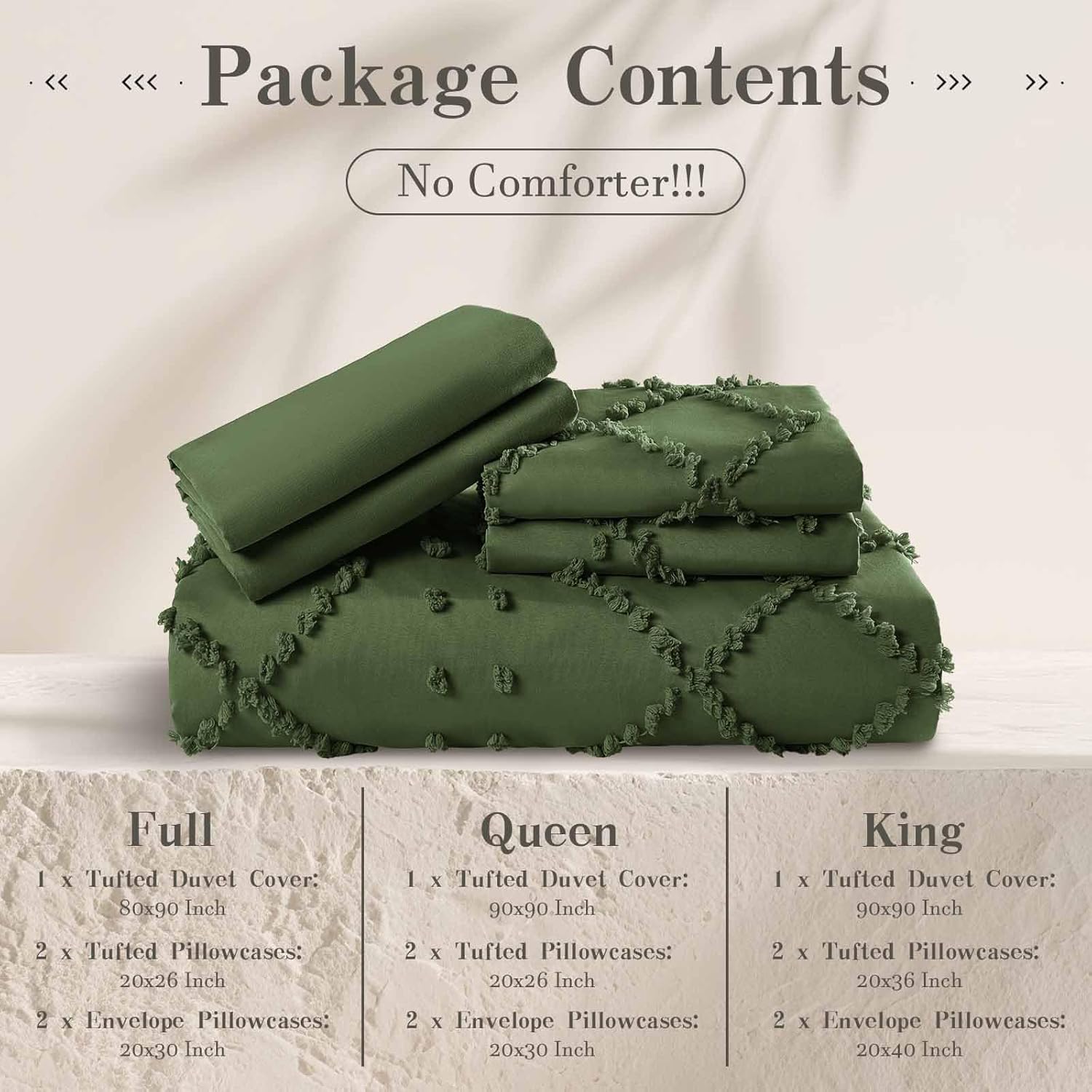 VACVELT 5PCS Boho Duvet Cover Queen Size, Olive Green Tufted Duvet Cover with Zipper & Ties, No Comforter, Shabby Chic Textured Bedding for Farmhouse Country, Breathable & Soft Microfiber